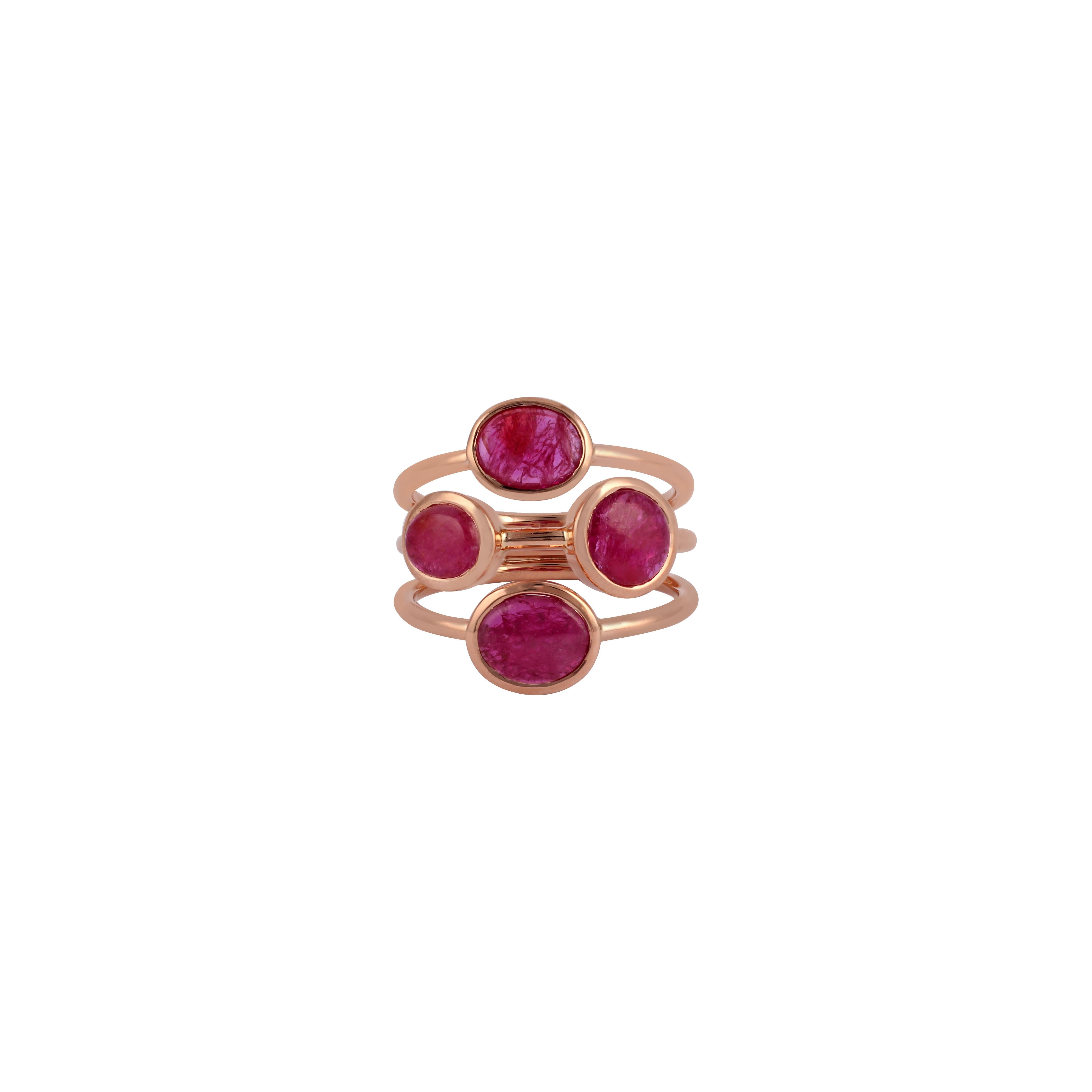 Its an elegant ring studded in 18k rose gold with 4 pieces Mozambique natural ruby weight 3.52 carat, this entire ring studded in 18k rose gold weight 6.17 grams, ring size can be change as per the requirement.