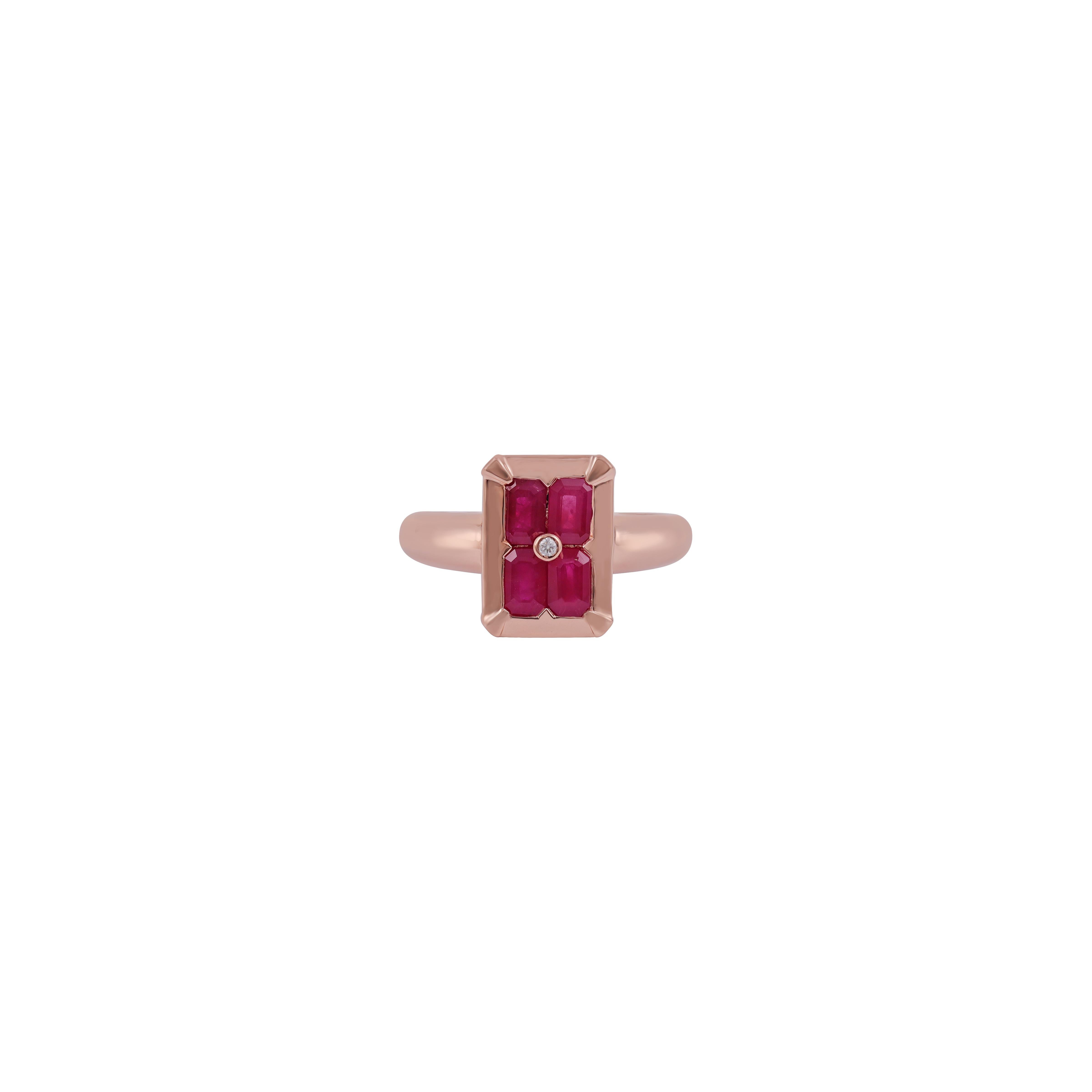 Its an elegant ring studded in 18k gold with 4 pieces Mozambique natural ruby weight 1.46 carat & Diamond  weight 0.02 carat , this entire ring studded in 18k gold weight 3.70 grams, ring size can be change as per the requirement.