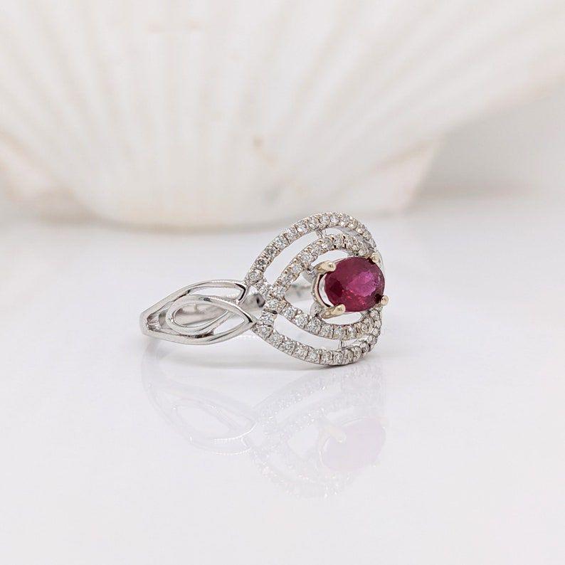 Art Deco Ruby Ring w Natural Diamond Accents in Solid 14k White Gold Oval 6x4mm