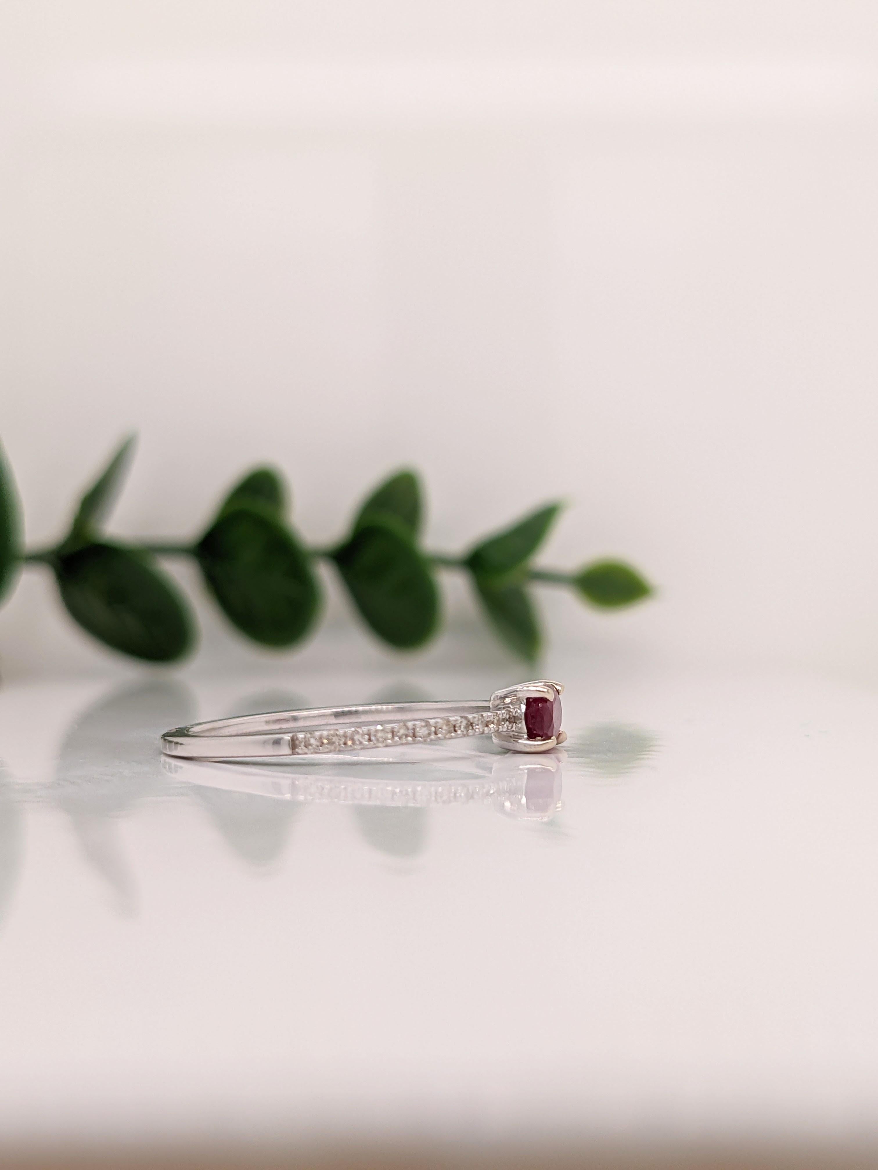 Modernist Ruby Ring w Natural Pave Diamond Shank in 14K White Gold East West Oval 5x4mm For Sale