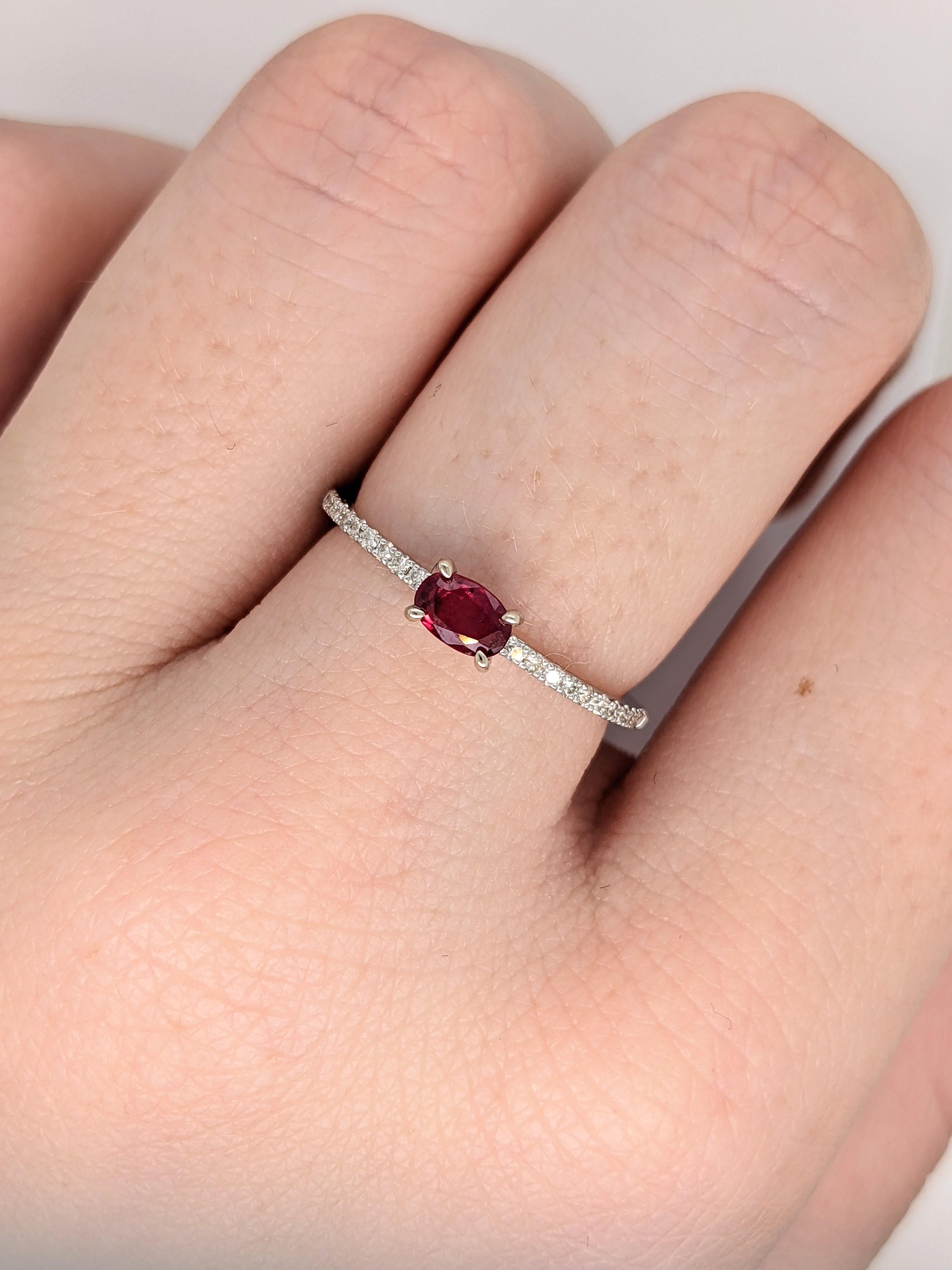 Ruby Ring w Natural Pave Diamond Shank in 14K White Gold East West Oval 5x4mm In New Condition For Sale In Columbus, OH