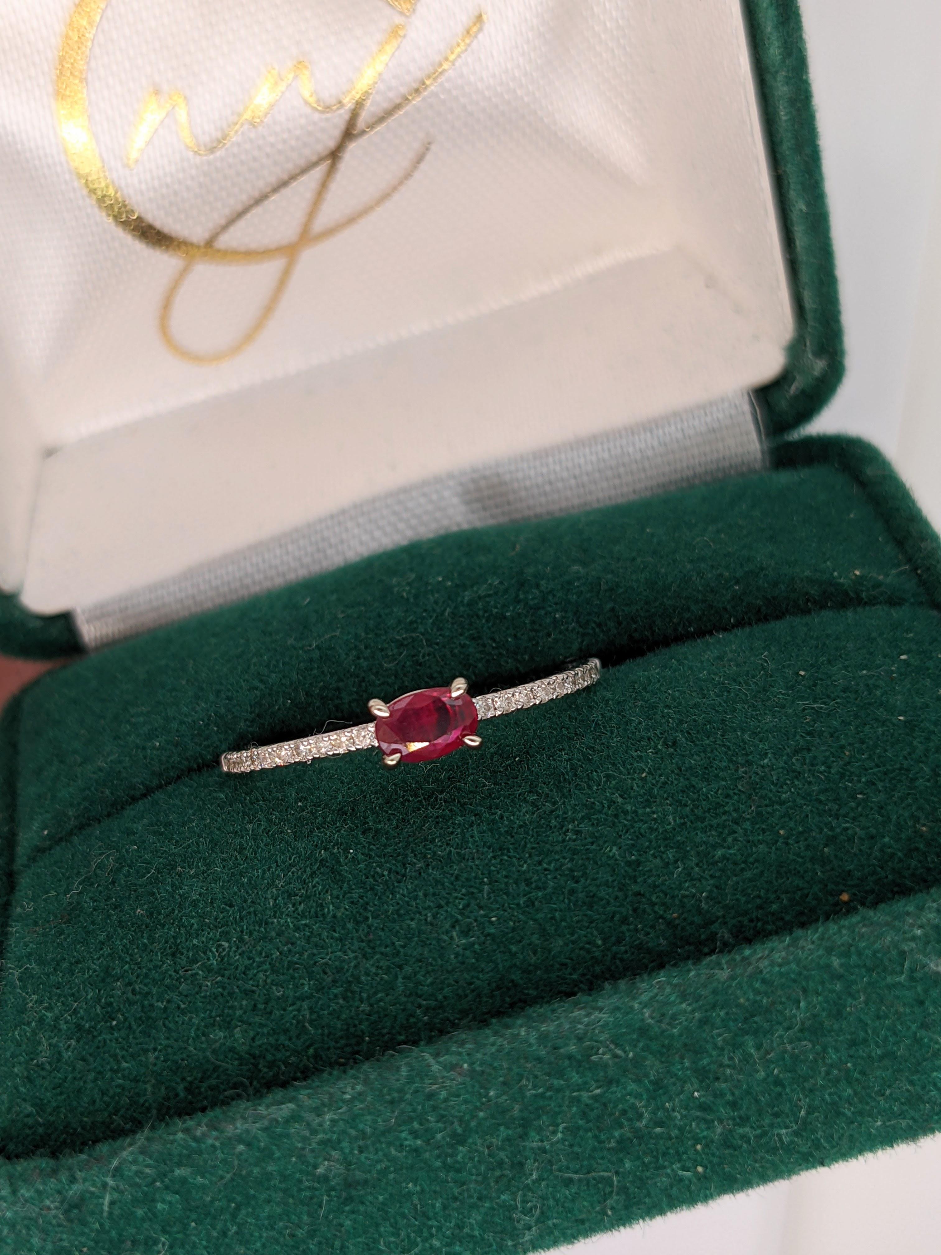 Ruby Ring w Natural Pave Diamond Shank in 14K White Gold East West Oval 5x4mm For Sale 1