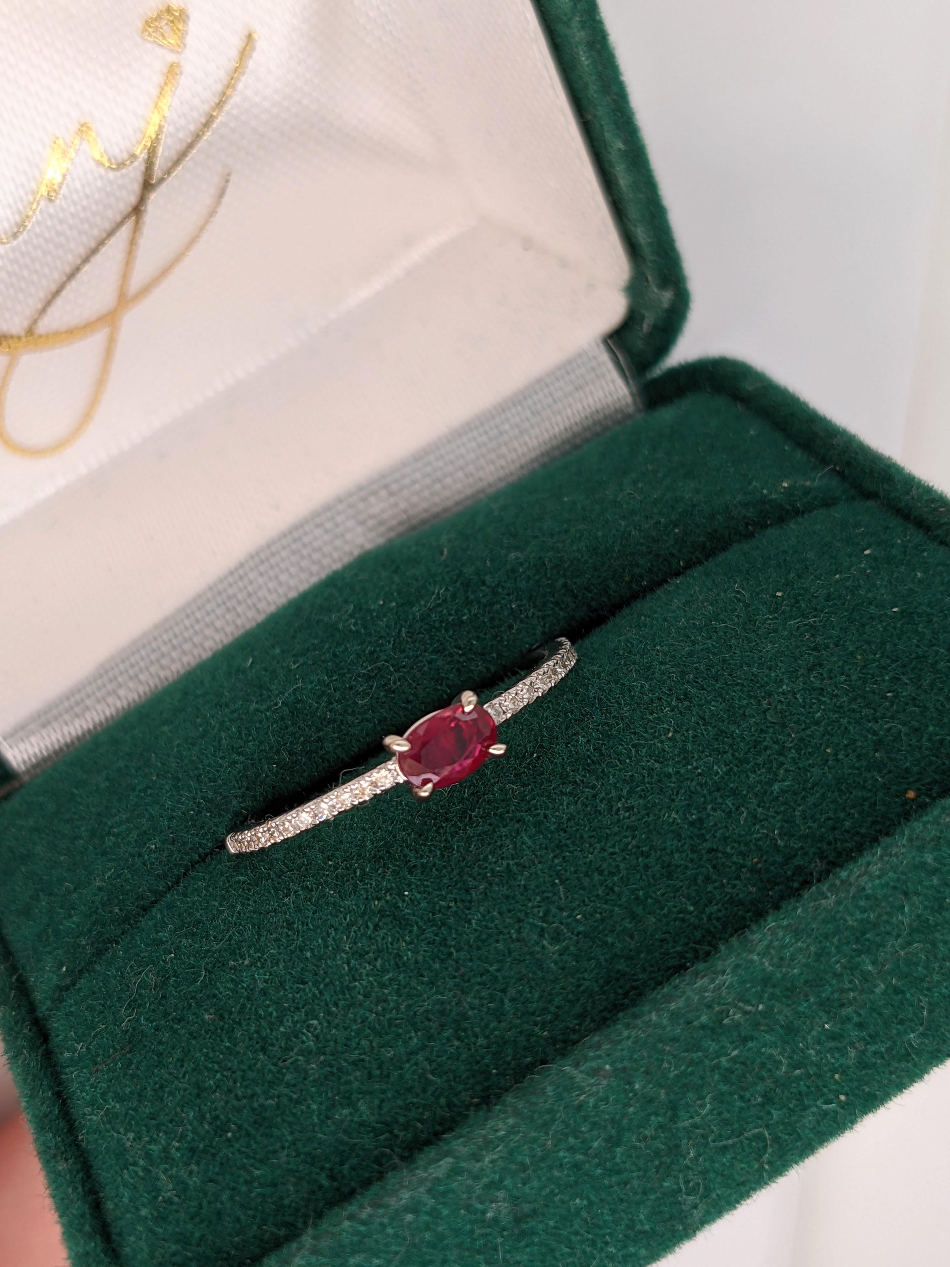 Ruby Ring w Natural Pave Diamond Shank in 14K White Gold East West Oval 5x4mm For Sale 2