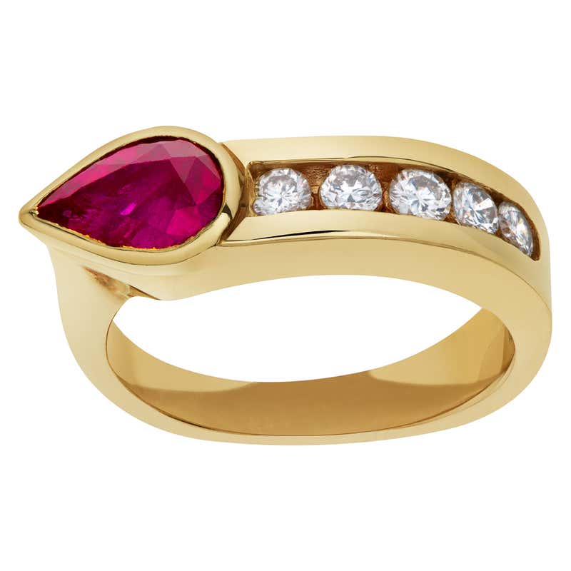 Ruby and Diamond Cluster Ring in 14k Yellow Gold at 1stDibs