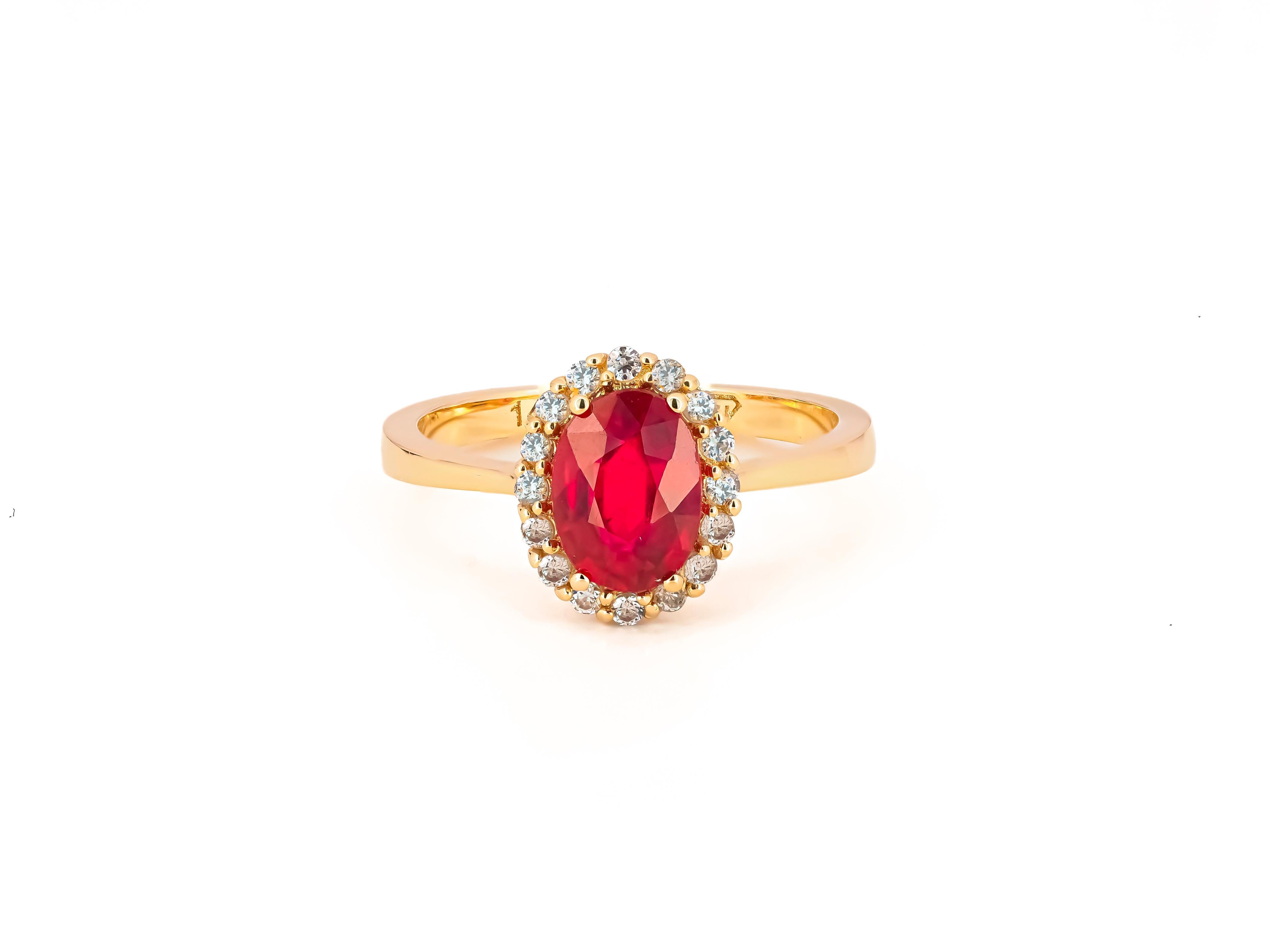 Ruby ring with diamond halo. 
Oval ruby, diamonds 14k gold. Ruby engagement ring. July birthstone ring. Classic ruby ring. Genuine ruby ring By Daizy Jewellery.

Metal stamp: 14k Gold
Weight: 2-2.3 gr (depends from size)

Gemstones:
Natural