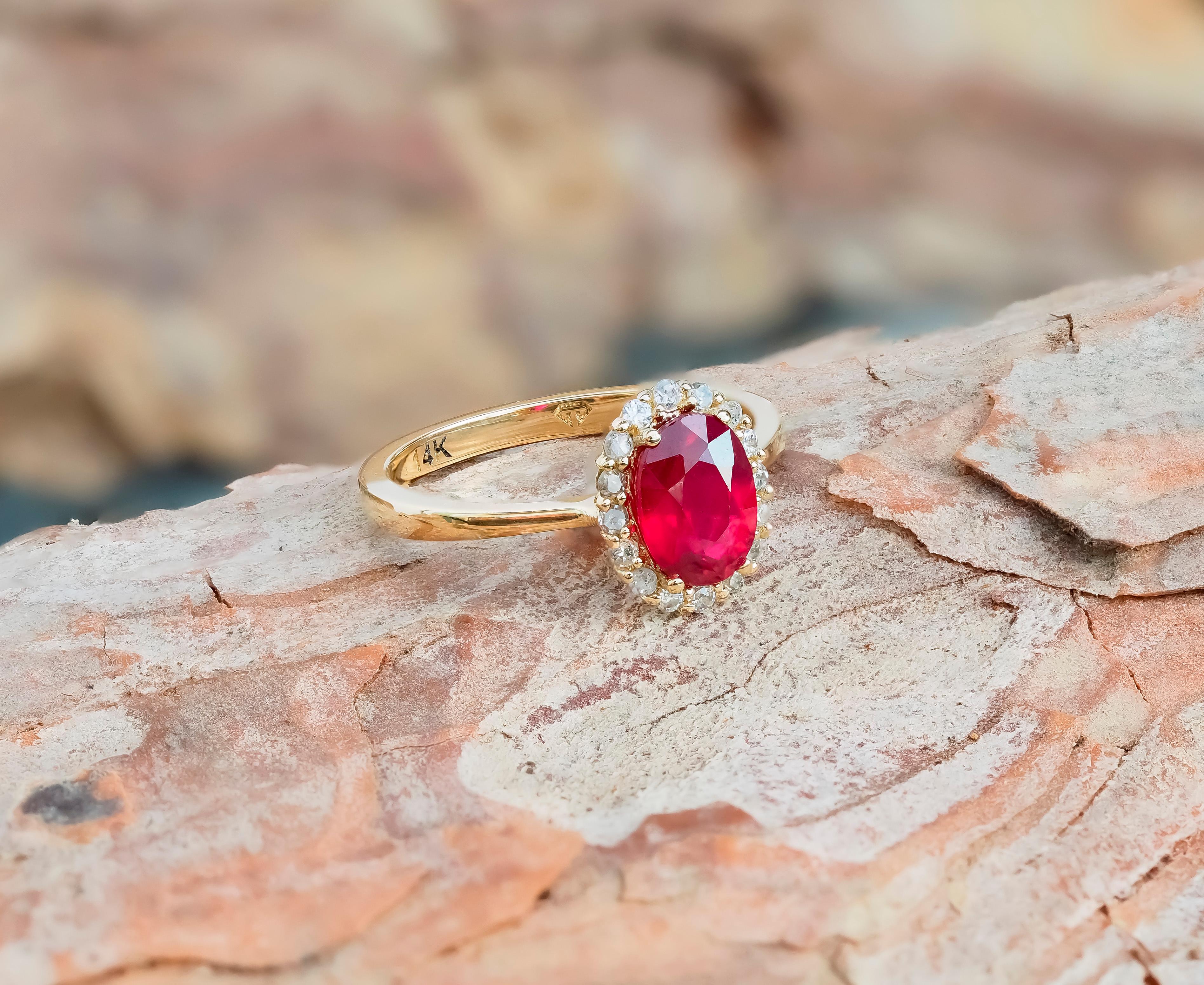 Ruby ring with diamond halo.  In New Condition For Sale In Istanbul, TR