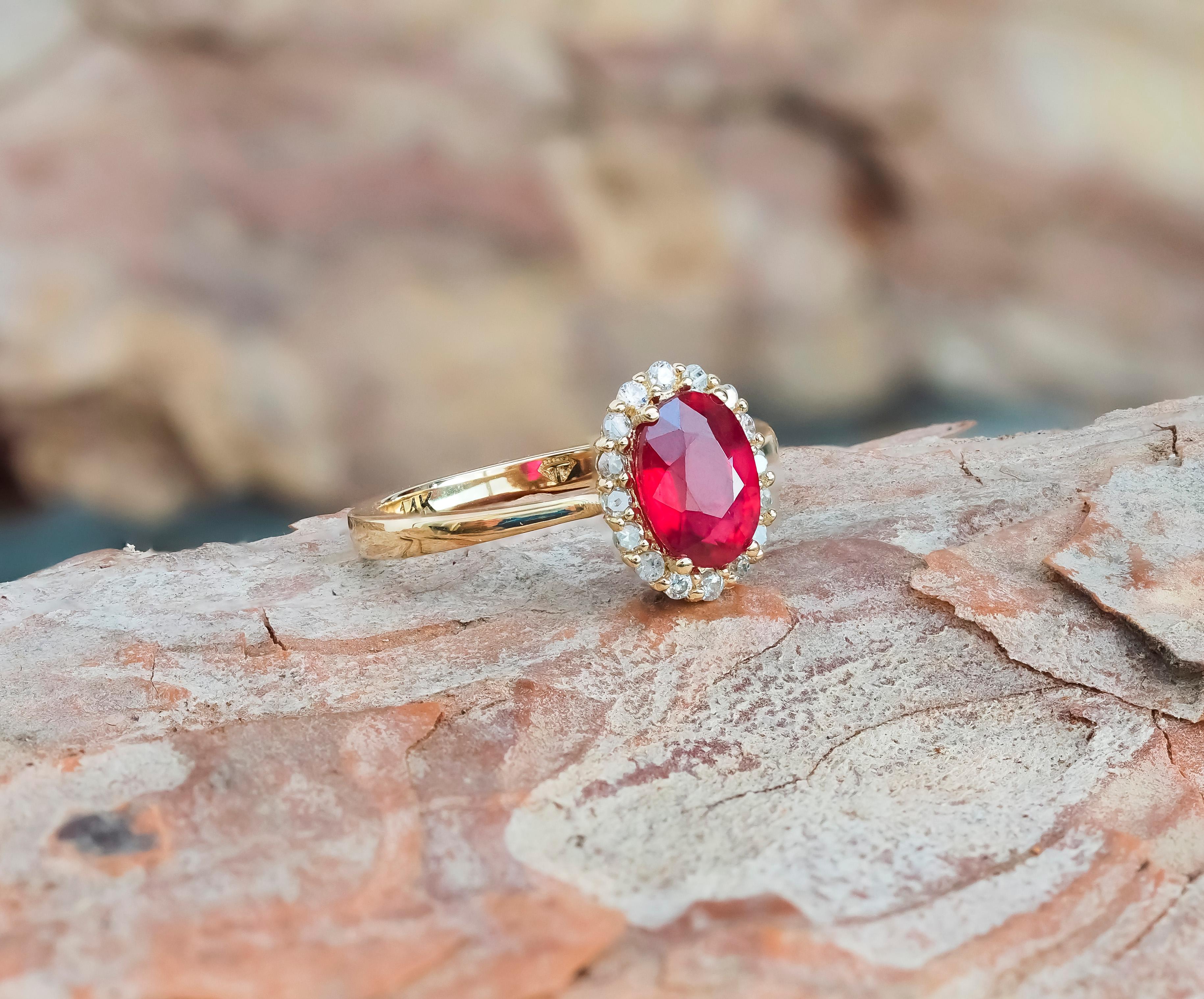 Women's Ruby ring with diamond halo.  For Sale