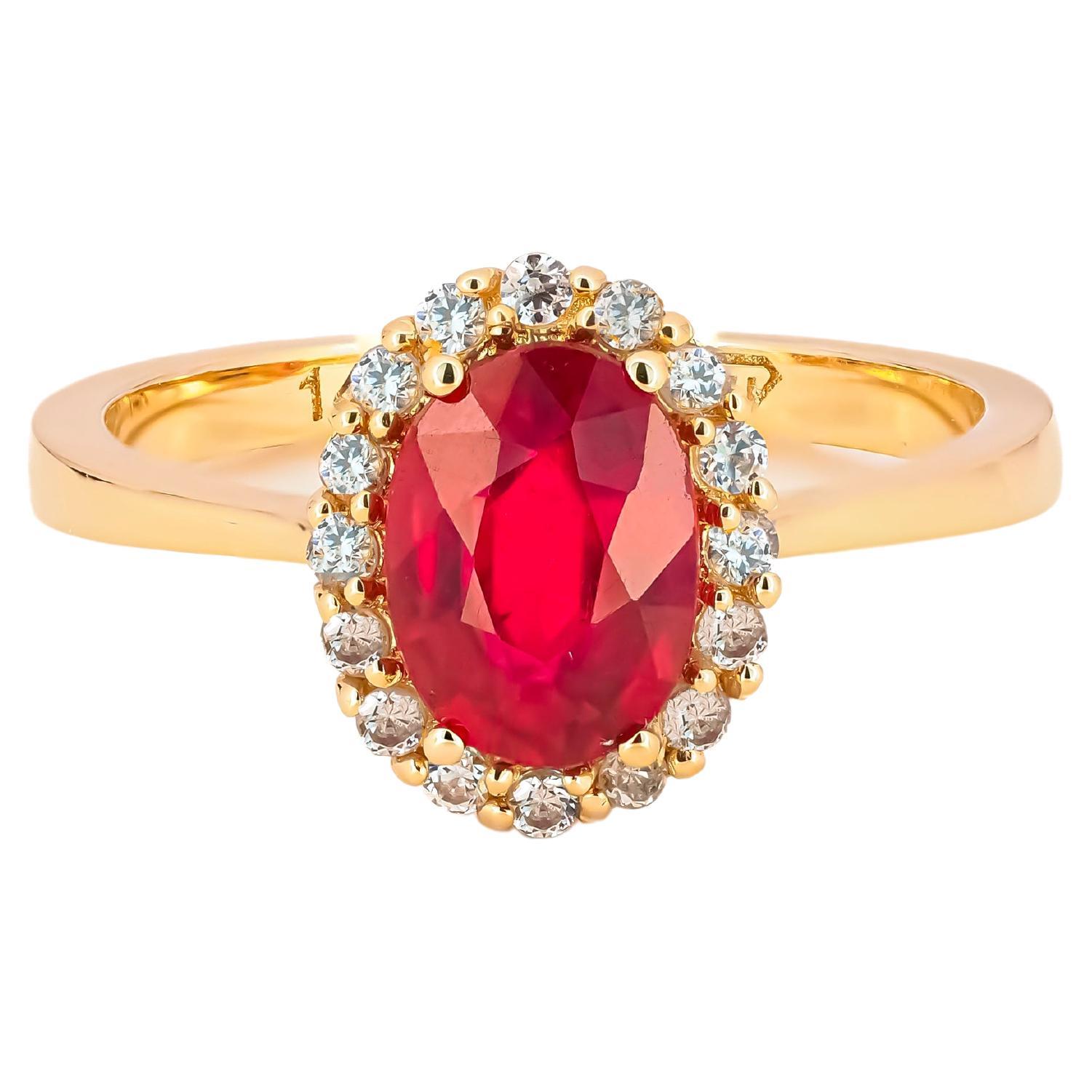 Ruby ring with diamond halo.  For Sale