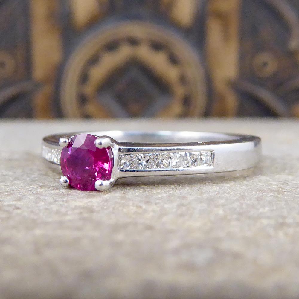 Ruby Ring with Diamond Set Shoulders in 18 Carat White Gold In Good Condition In Yorkshire, West Yorkshire