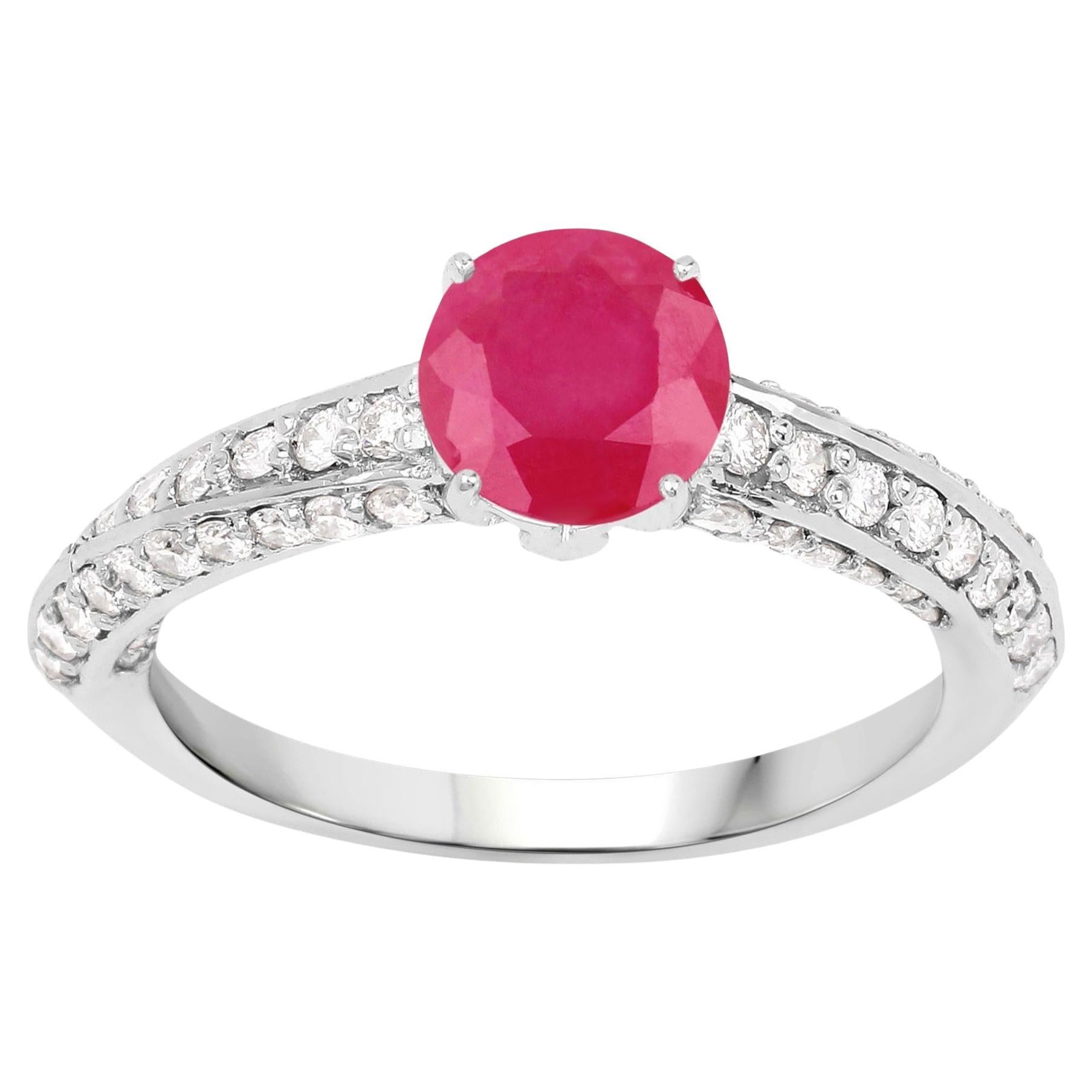 Ruby Ring With Diamonds 1.49 Carats 14K White Gold For Sale