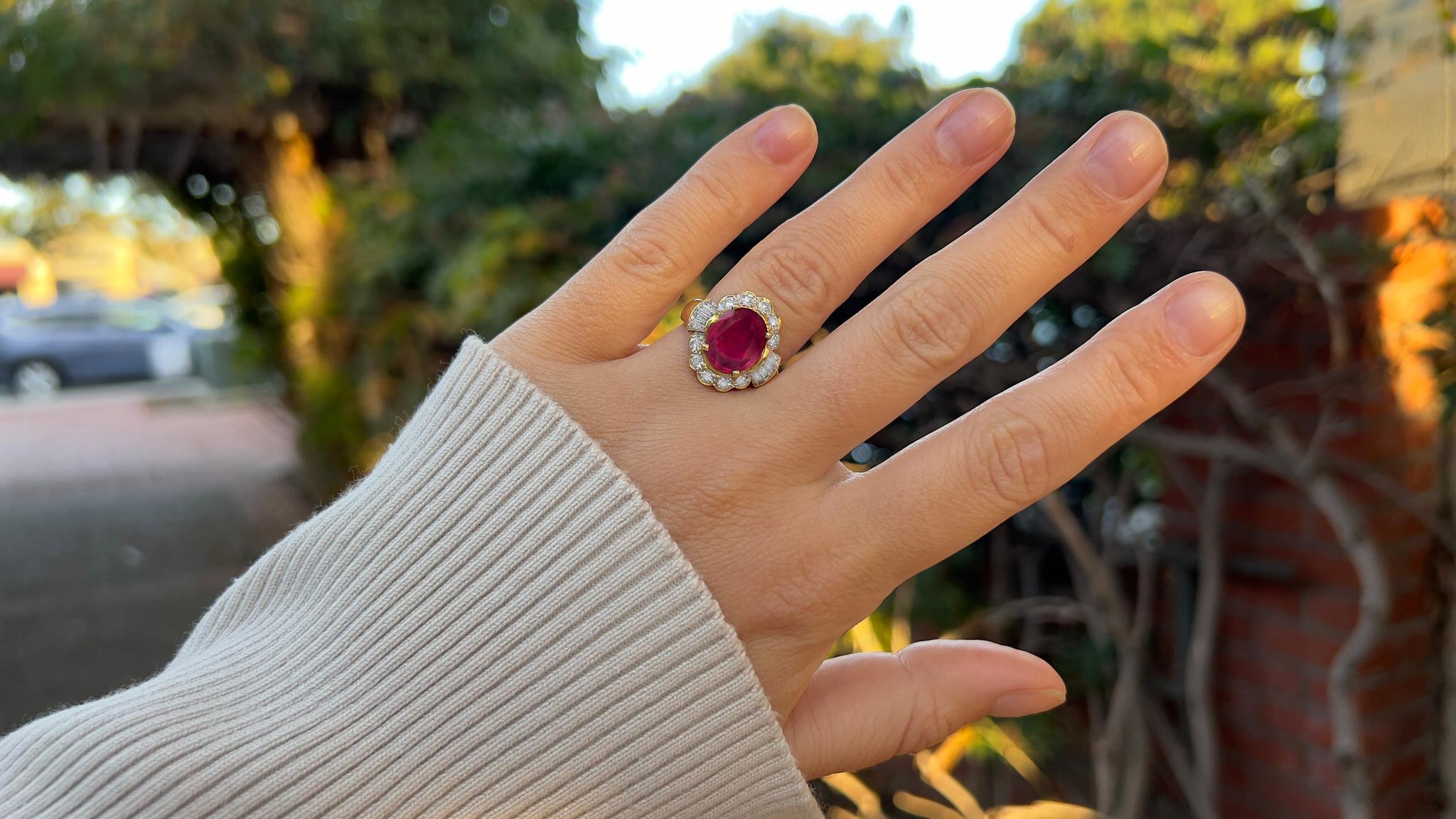 Ruby = 3.80 Carat
(Cut: Oval, Color: Red, Origin: Natural)
Diamond = 1.10 Carats
(Cut: Mixed, Color: G-H, Clarity: VS)
Metal = 18K Yellow Gold
Ring Size = 5