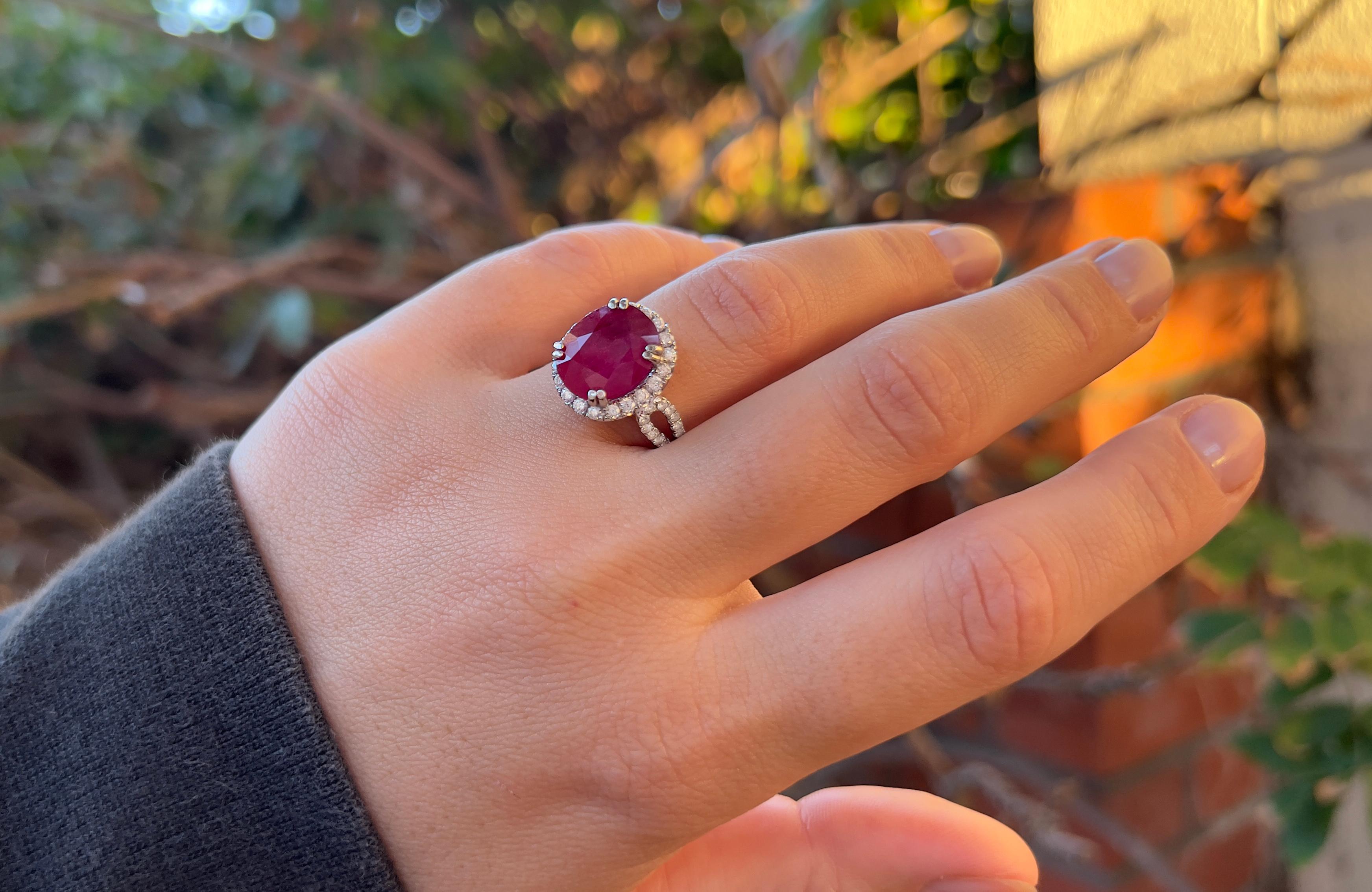 Oval Cut Ruby Ring With Diamonds 7.70 Carats 18K White Gold