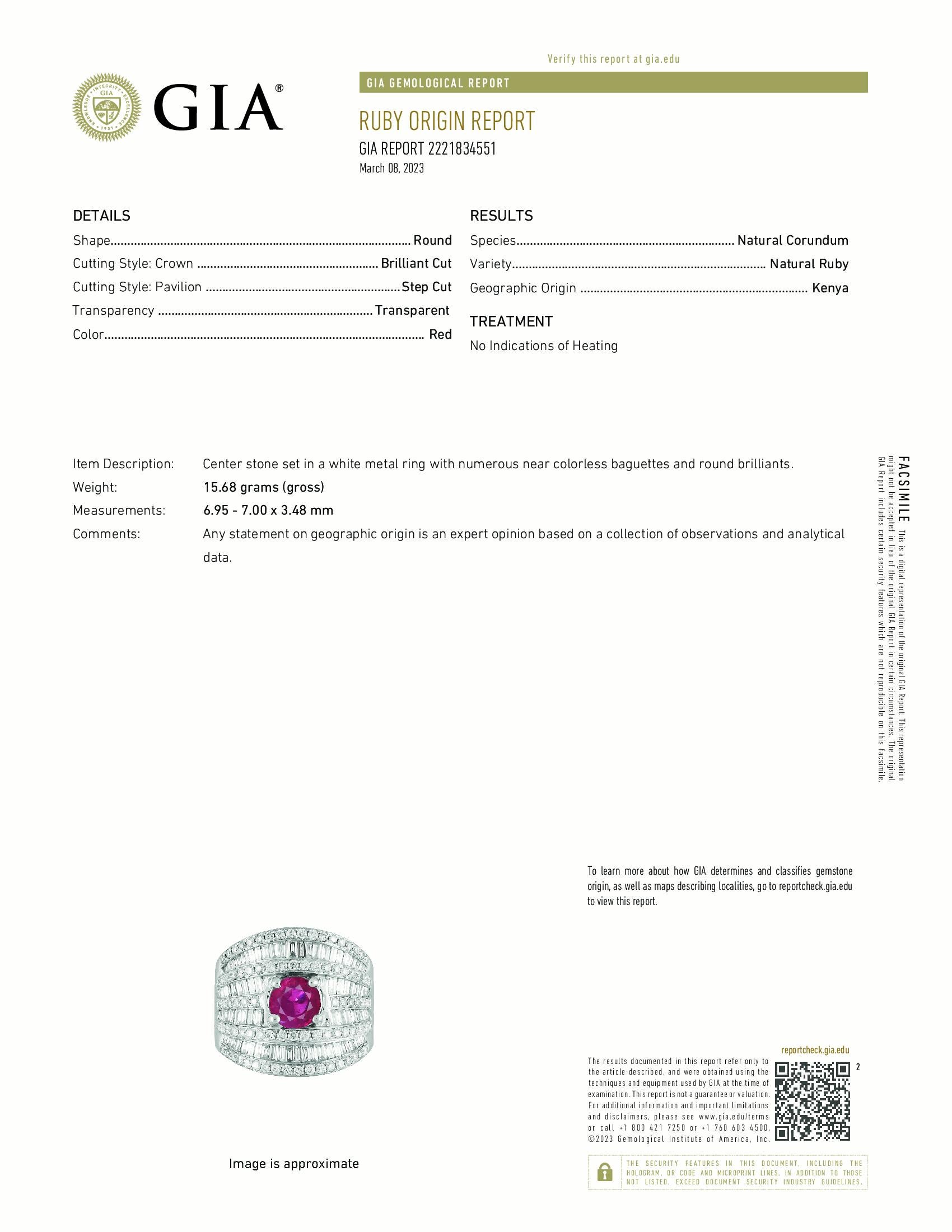 Item #8056 

GIA Certified
14K Ladies Ring 1.41 carat No Heat  Ruby with 2.50 carat Diamonds

Center stone set in a white metal ring with numerous near colorless baguettes and round brilliants. 

Colored Precious Stone: 1.41 ct Unheated