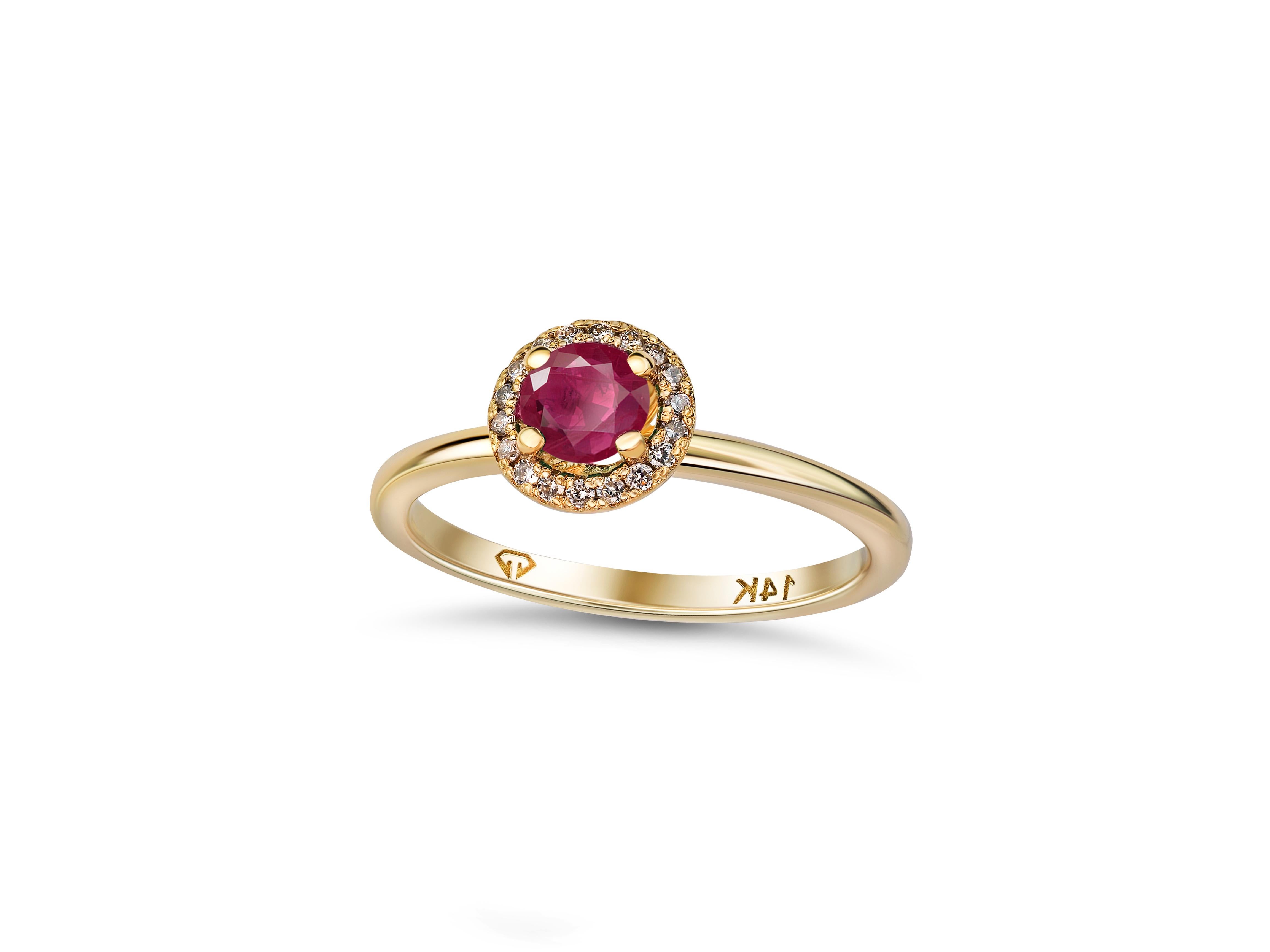 Ruby ring with diamonds halo. 
Round ruby 14k gold ring. Ruby engagement ring. Ruby gold ring. Ruby engagement ring. July birthstone ring.

Metal type: Gold
Metal stamp: 14k Gold
Weight: 2 gr - depends from size.

Central gemstone: ruby - round