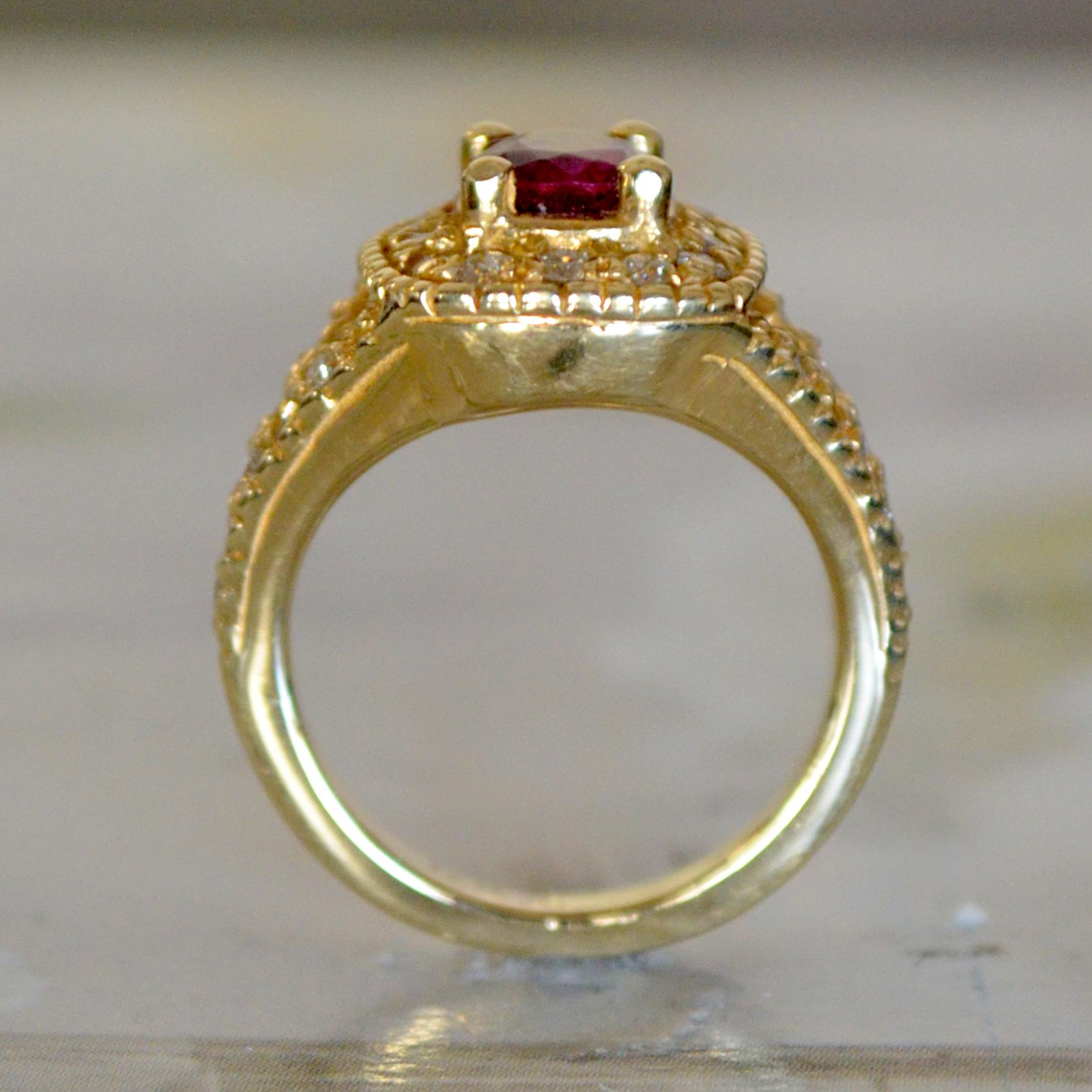 Contemporary Ruby Ring with Diamonds Set in Yellow Gold For Sale