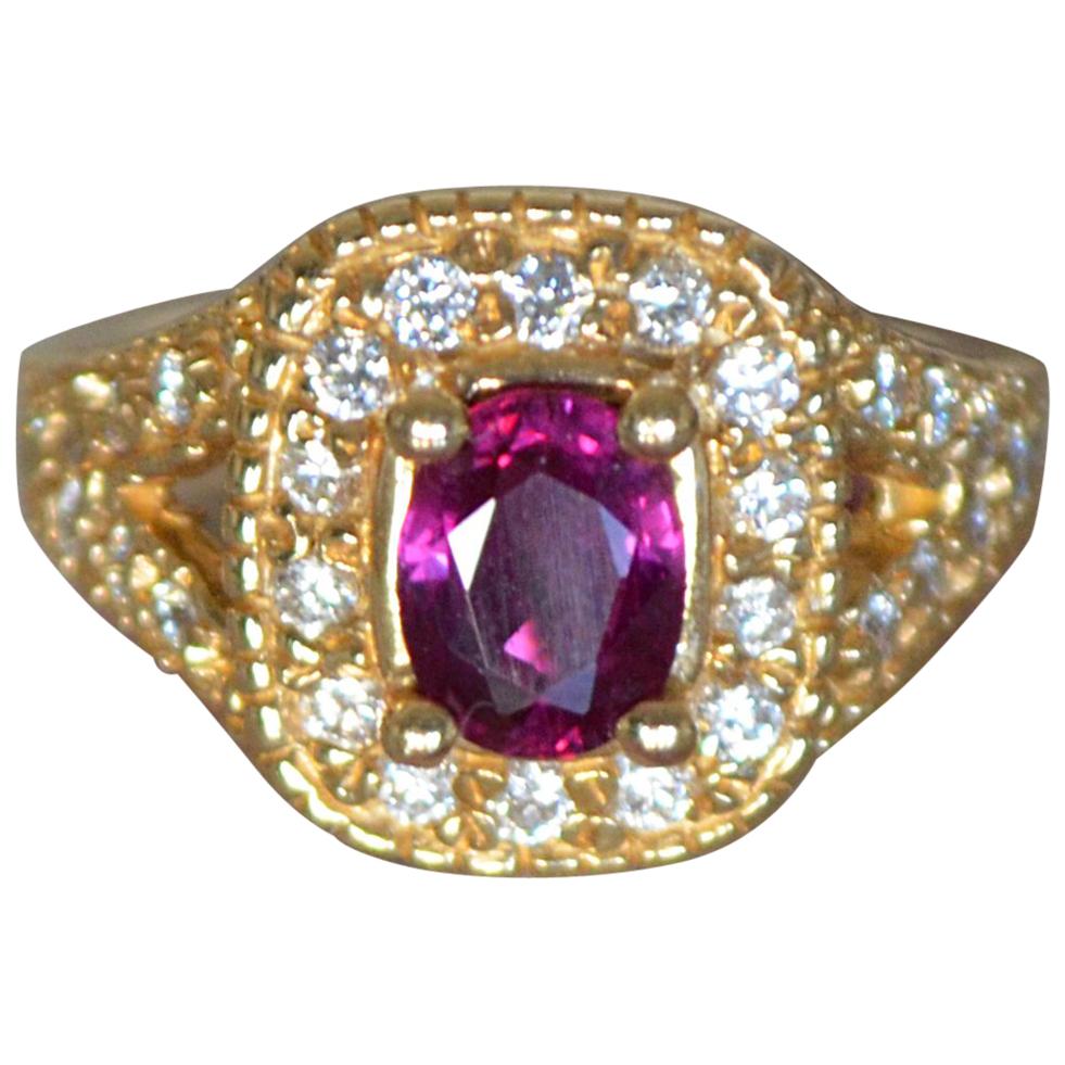Ruby Ring with Diamonds Set in Yellow Gold For Sale