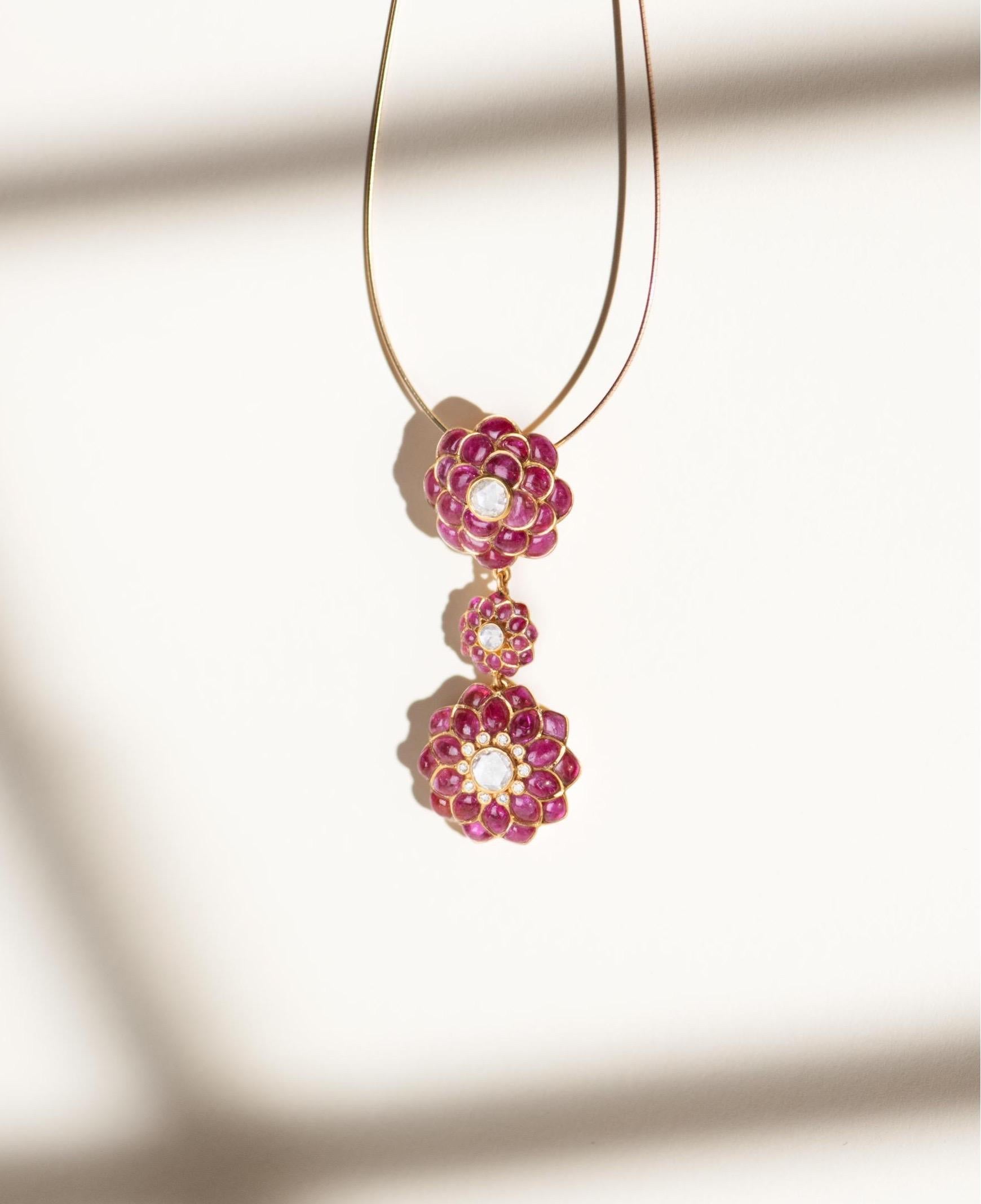 Rose Cut Manpriya B Ruby, Rose-Cut Diamond, 18 Karat Gold Petal Pendant For Sale