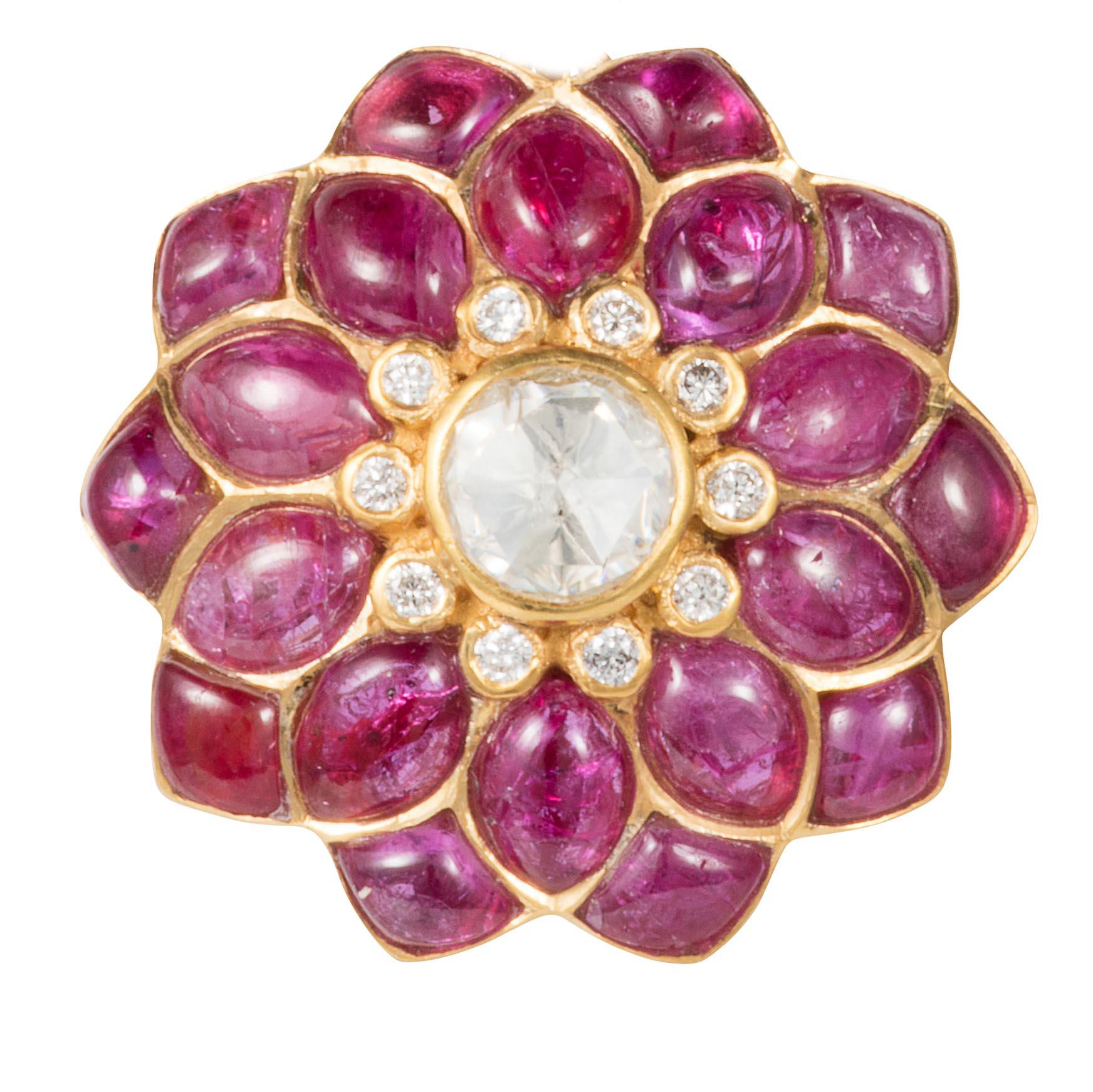 Manpriya B Ruby, Rose-Cut Diamond, 18 Karat Gold Petal Pendant For Sale 1