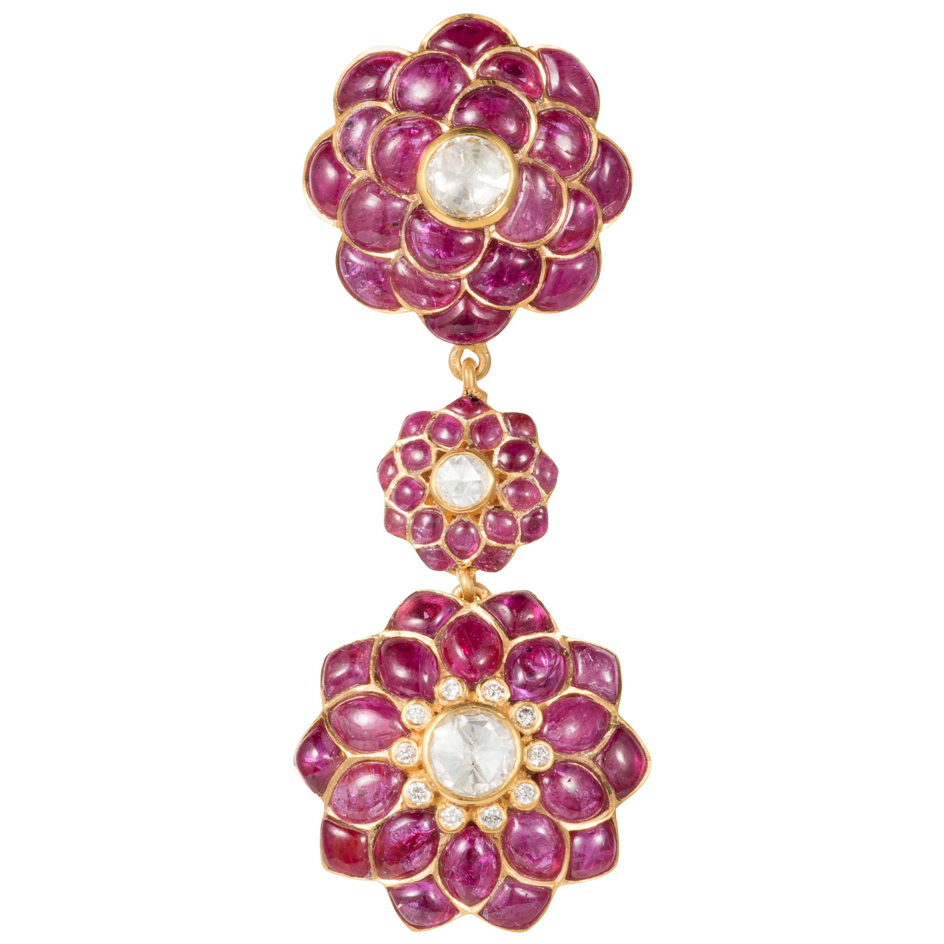 Manpriya B Ruby, Rose-Cut Diamond, 18 Karat Gold Petal Pendant For Sale