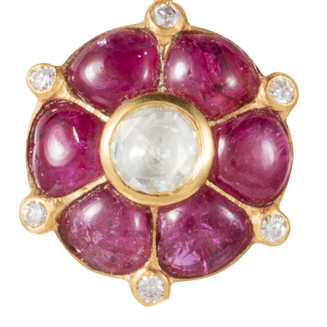 Modern Manpriya B Ruby, Rose-Cut Diamond, 18 Karat Gold Tulip and Clover Pendant For Sale