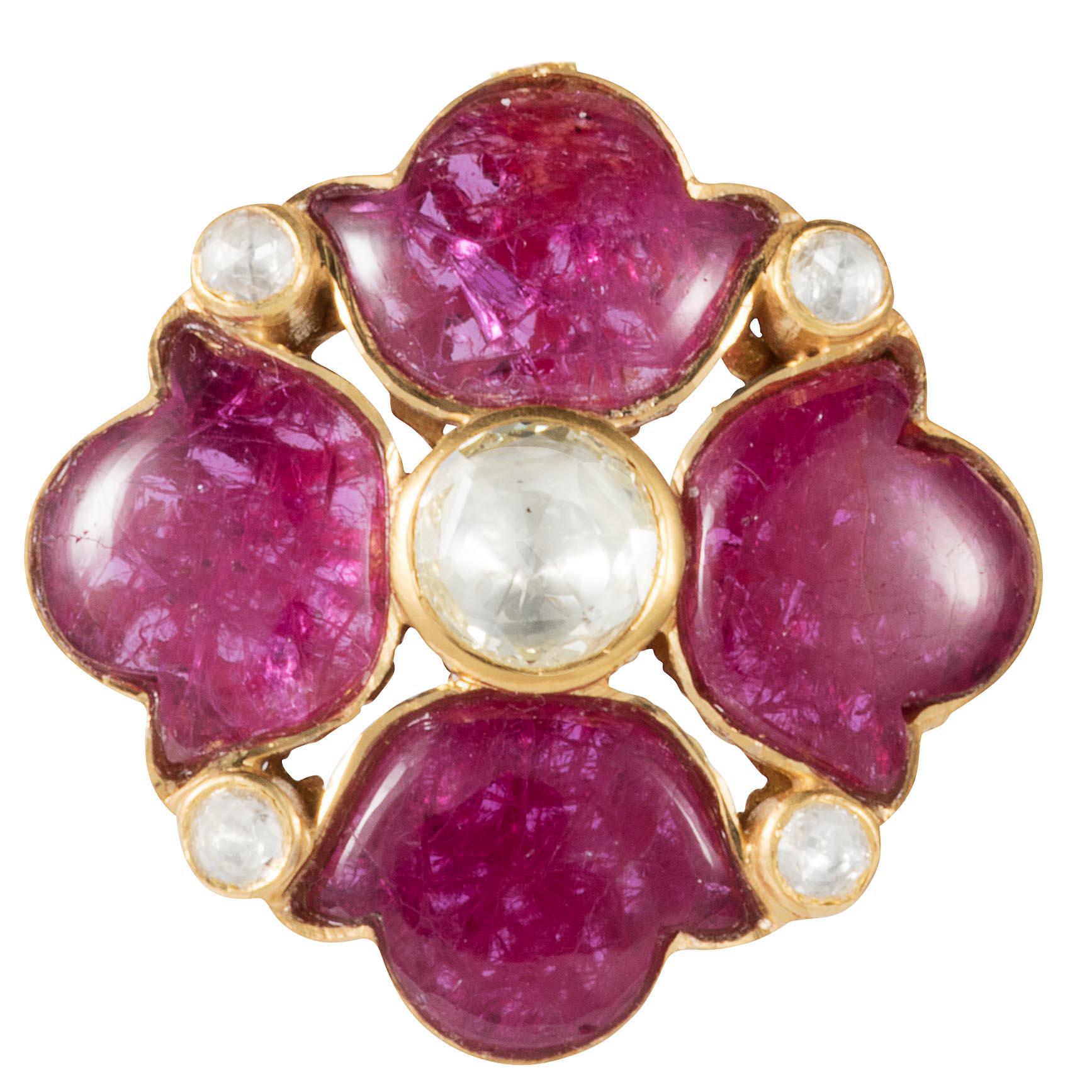 Rose Cut Manpriya B Ruby, Rose-Cut Diamond, 18 Karat Gold Tulip and Clover Pendant For Sale