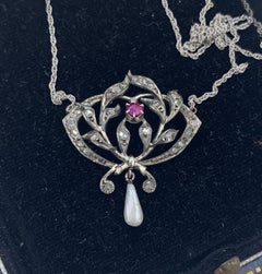 Collier de Perles Rubis Diamants Taille Rose Antique Art Deco Belle Epoque Pendentif