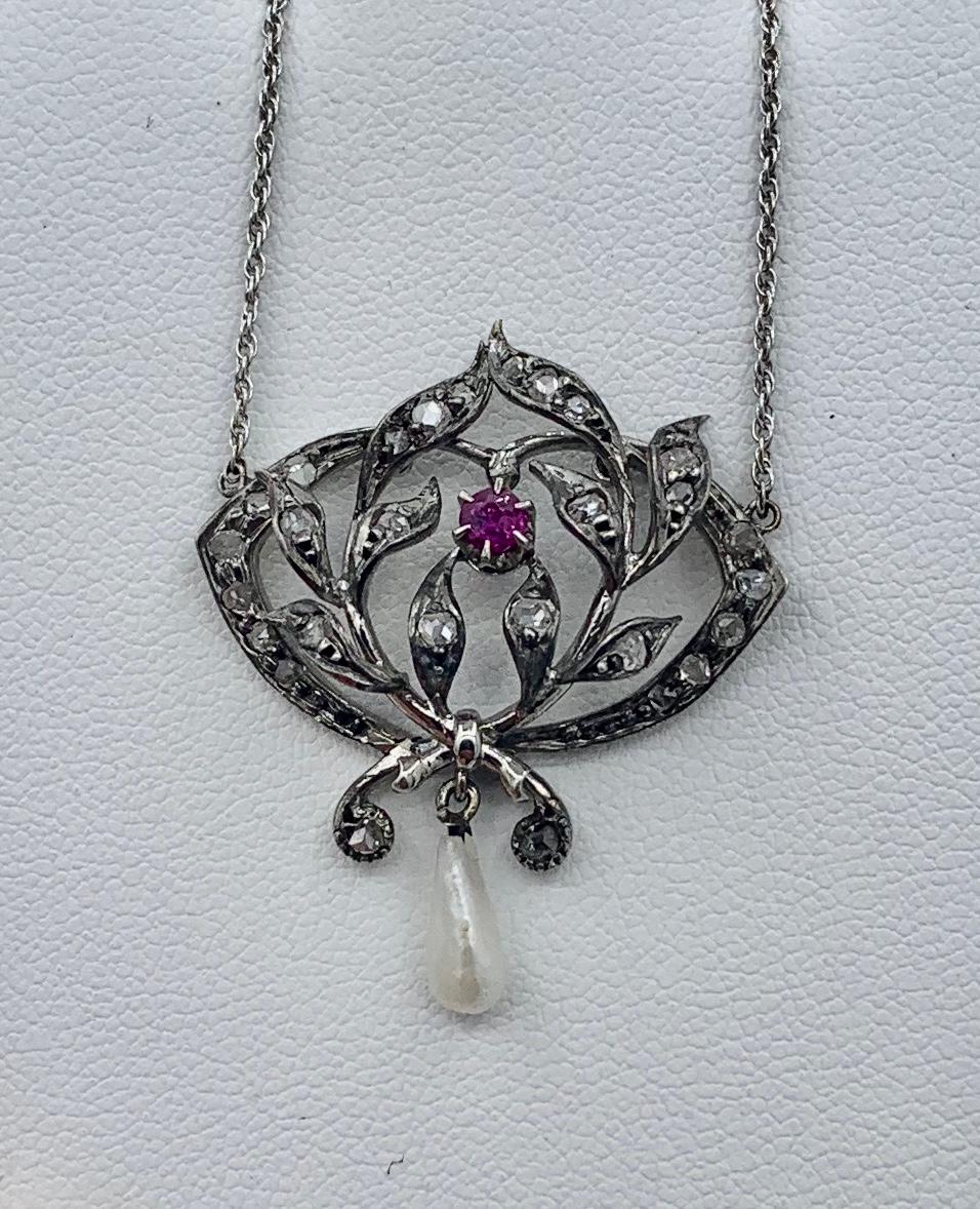 De las mujeres Collar de perlas con diamantes talla rosa rubí Colgante antiguo Art Decó Belle Epoque en venta
