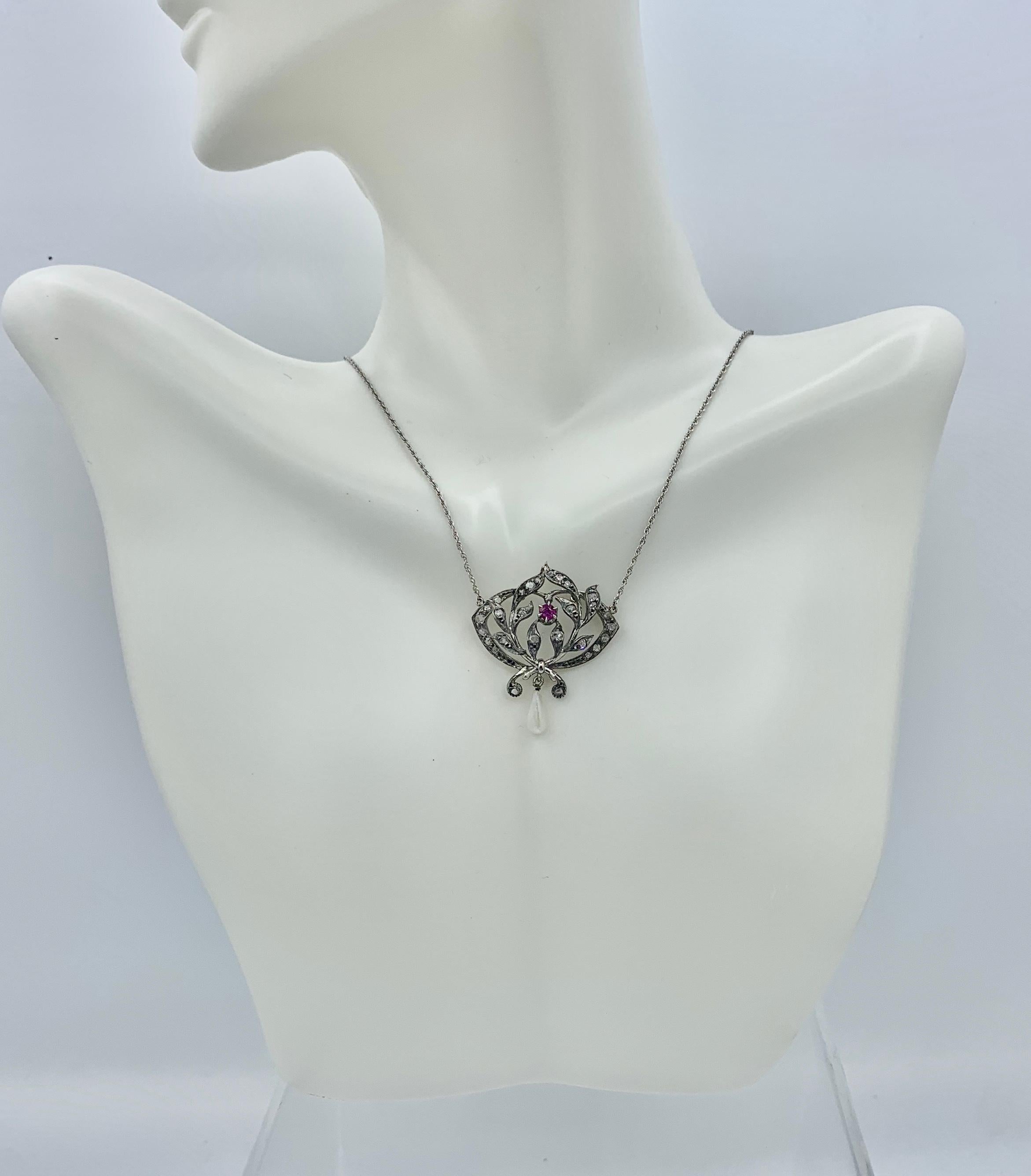 Collar de perlas con diamantes talla rosa rubí Colgante antiguo Art Decó Belle Epoque en venta 1