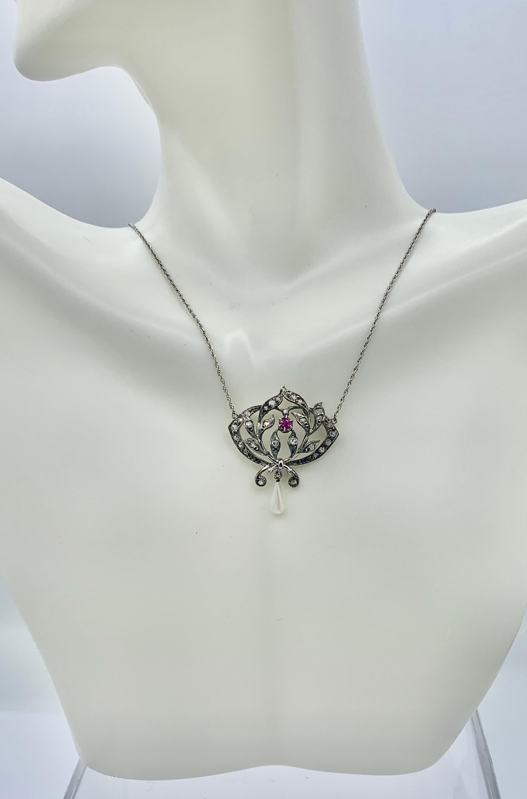 Collar de perlas con diamantes talla rosa rubí Colgante antiguo Art Decó Belle Epoque en venta 2