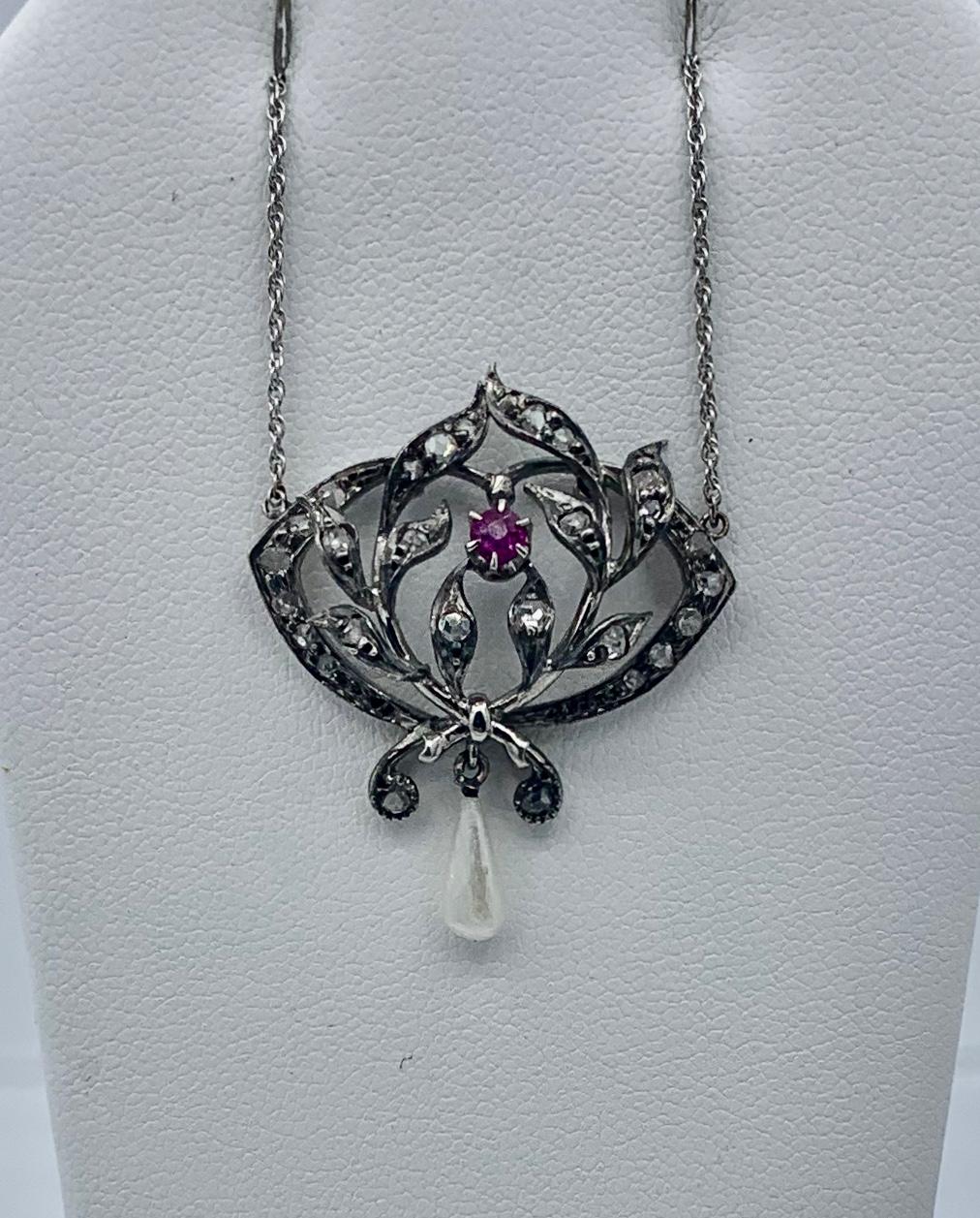 Collar de perlas con diamantes talla rosa rubí Colgante antiguo Art Decó Belle Epoque en venta 3