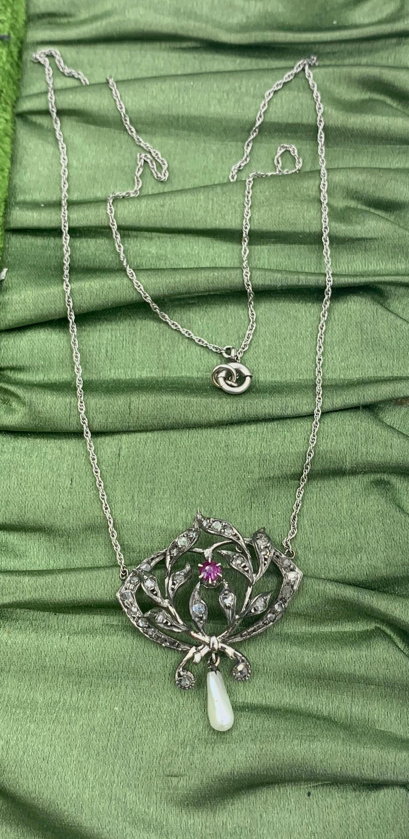 Collar de perlas con diamantes talla rosa rubí Colgante antiguo Art Decó Belle Epoque en venta 4