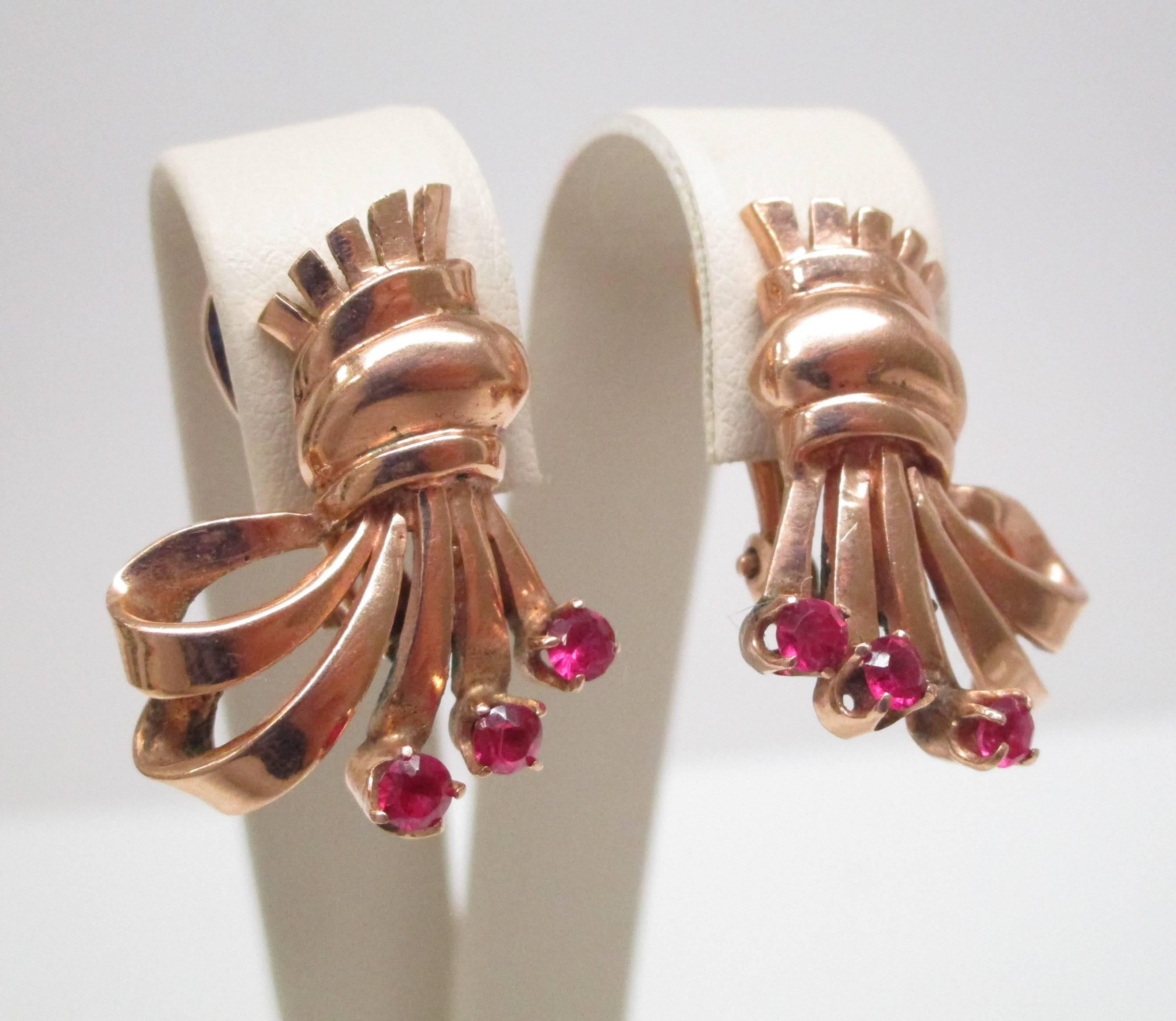 Post-War Ruby Rose Gold Earrings