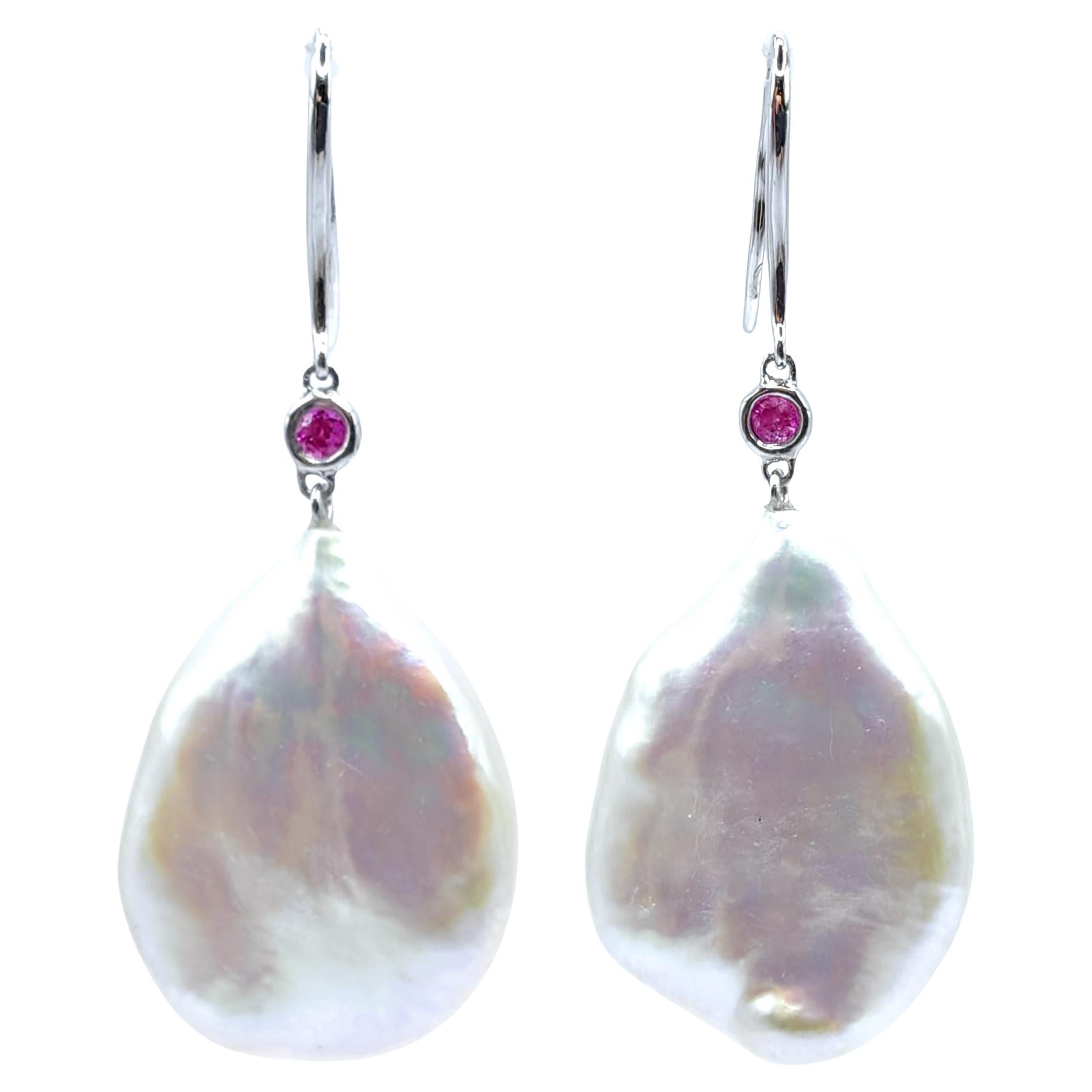 Ruby & Rose Pink Rainbow Iridescent Keshi Pearl Drop Earrings in 18K White Gold For Sale