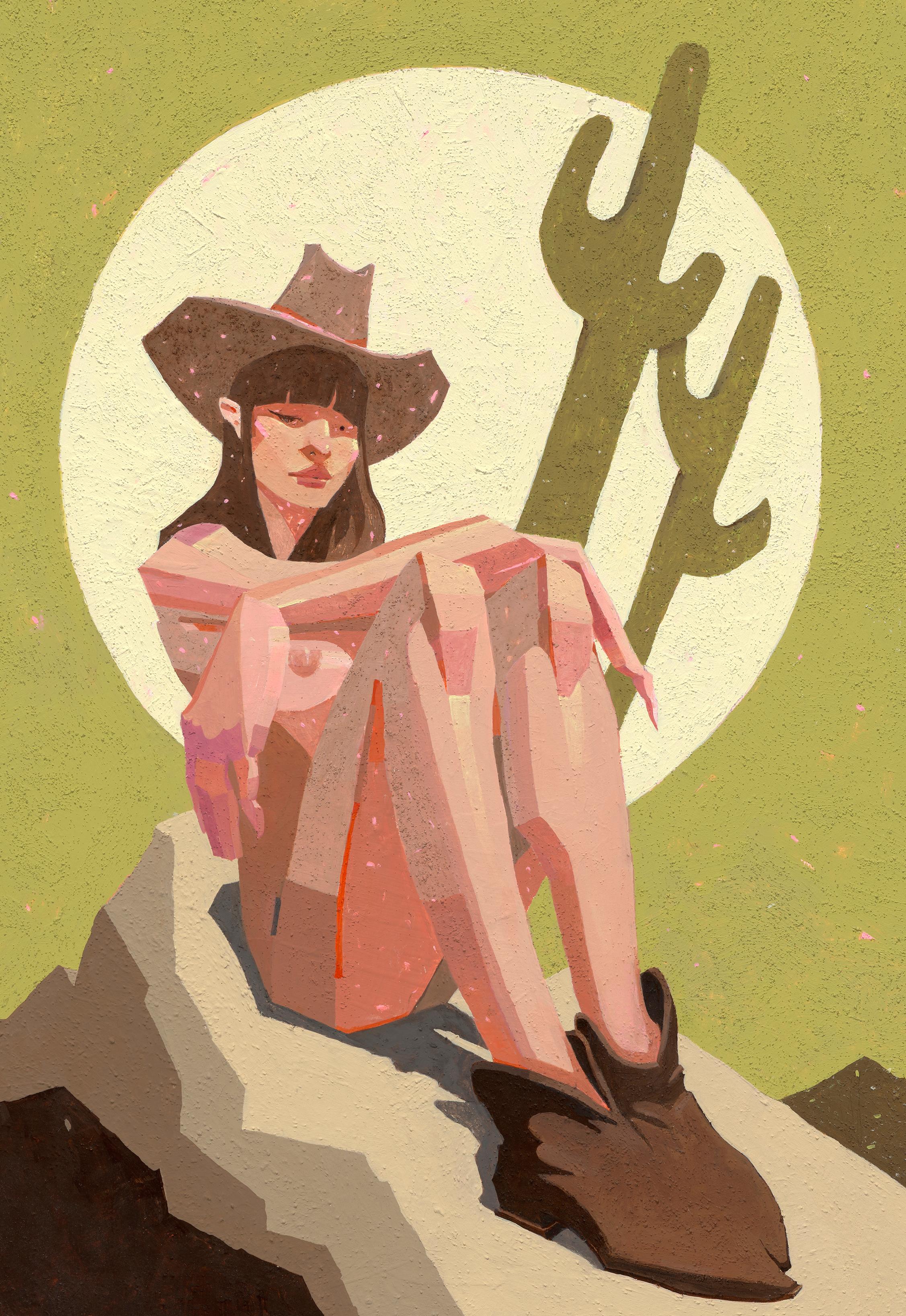 « Sad Cowgirl Colorblock », peinture originale de Ruby Roth - Nu occidental en vente 3