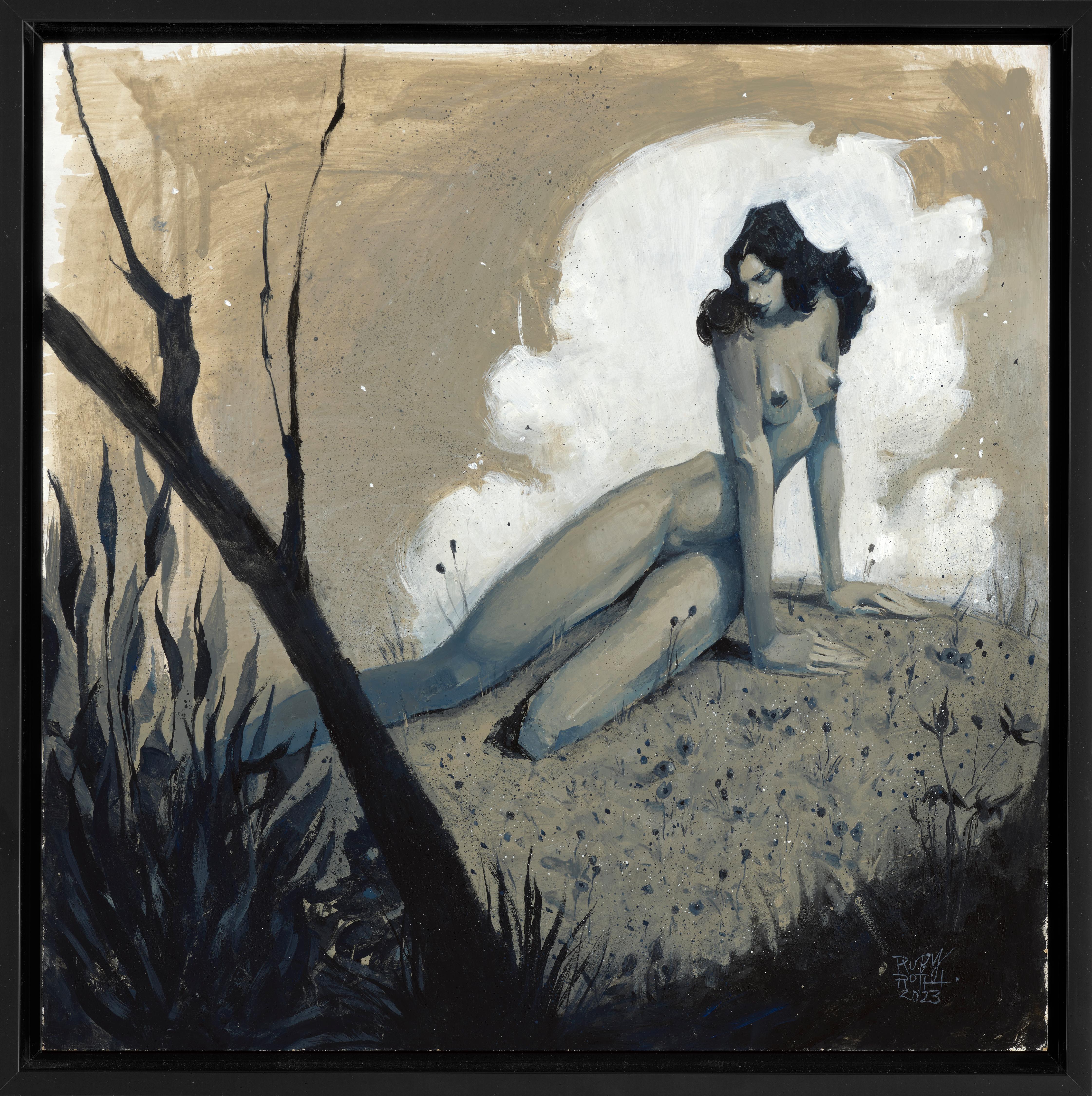 Ruby Roth präsentiert "Secret Garden", ein Original-Acrylgemälde auf einer Tafel, das 2023 entstand. Dieses stimmungsvolle Werk misst 18 x 18 x 1,50 Zoll (45,72 x 45,72 x 3,81 cm) und ist auf eine Größe von 19,50 x 19,50 Zoll gerahmt. Roths zarte