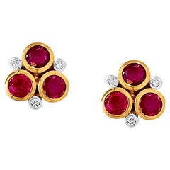 Ruby Round and Diamond Stud Earring in 18K Yellow Gold