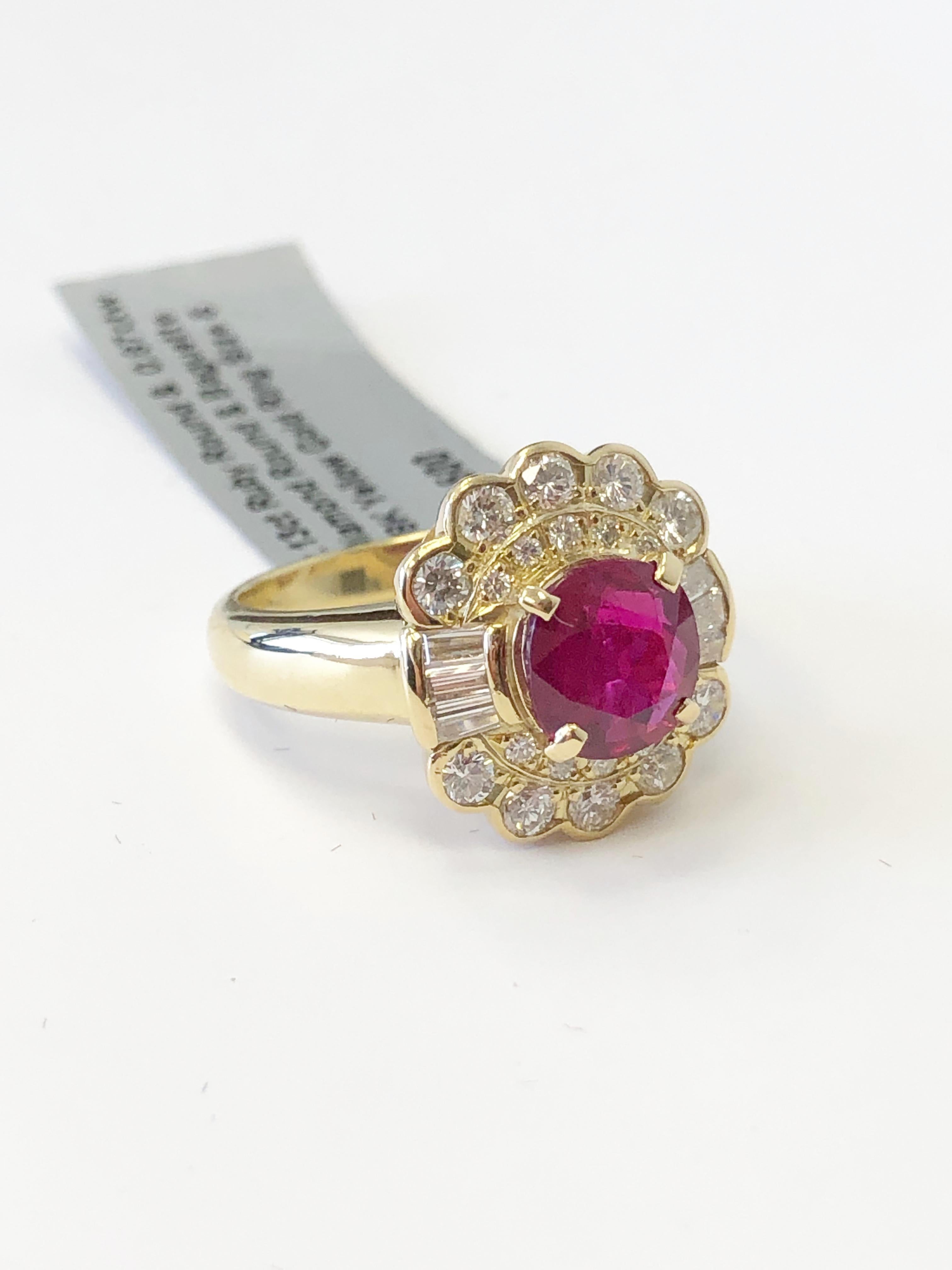 Round Cut Ruby Round and White Diamond Cocktail Ring in 18 Karat Yellow Gold