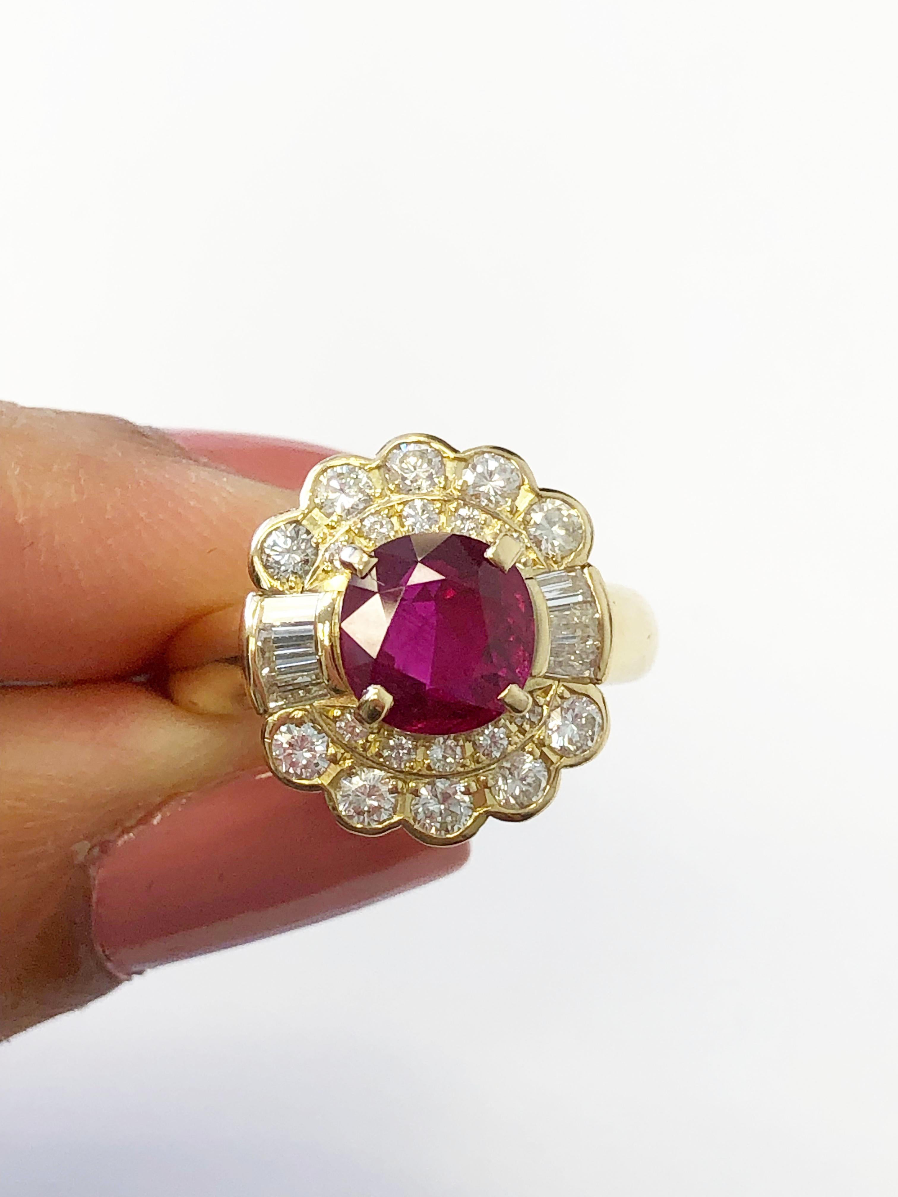 Women's or Men's Ruby Round and White Diamond Cocktail Ring in 18 Karat Yellow Gold