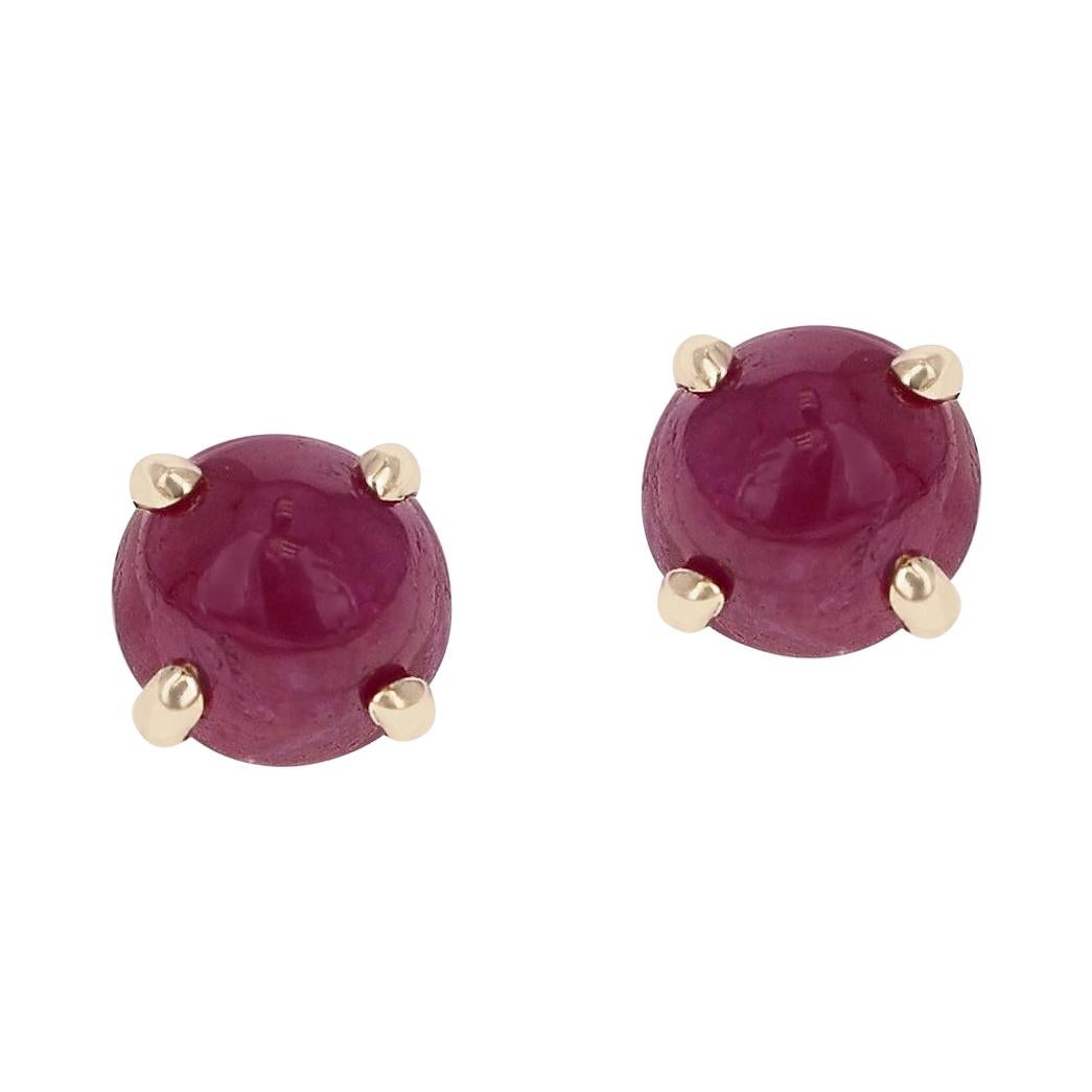 Ruby Round Cabochon Stud Earrings Made in 14 Karat Yellow Gold