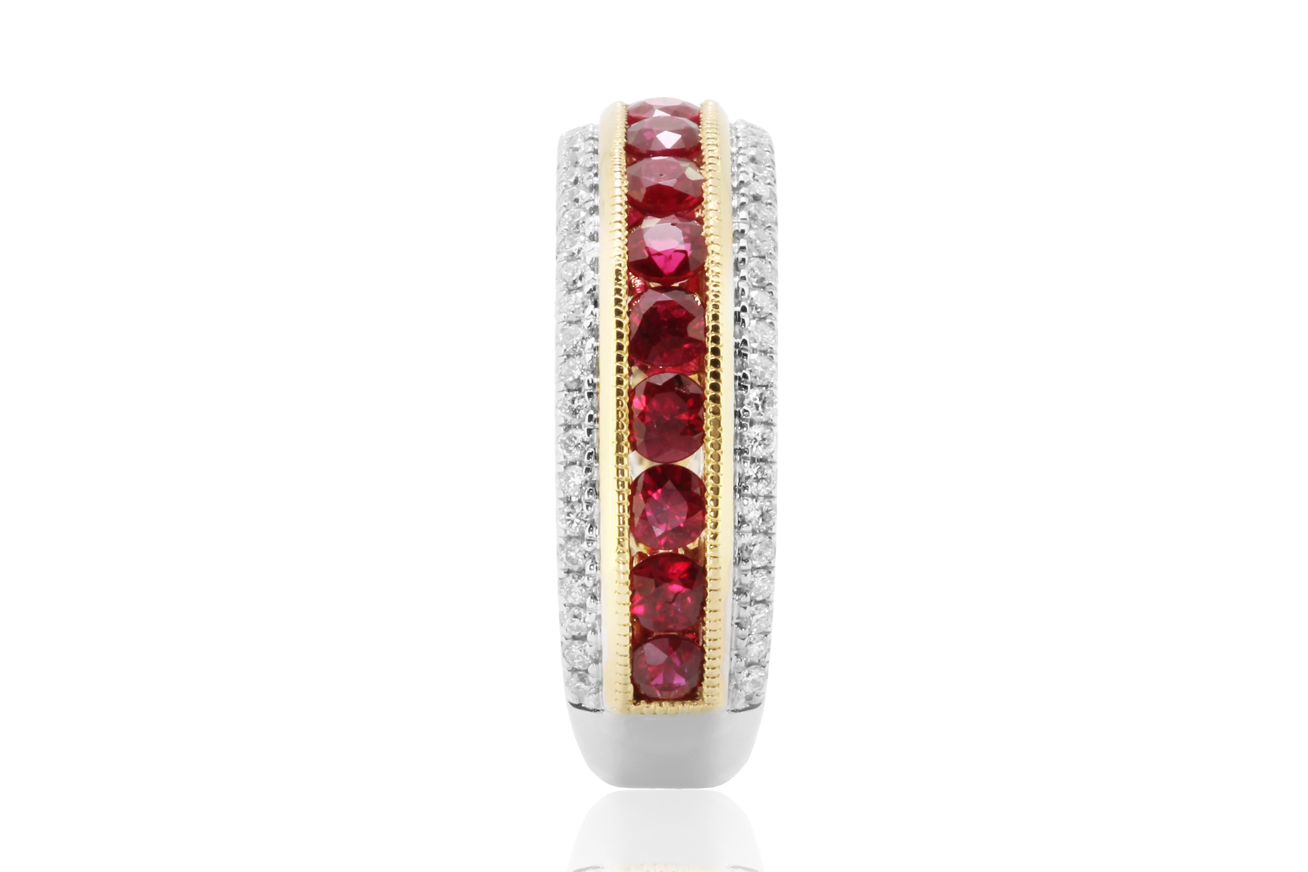 Ruby Round 1.25 Carat in channel setting Flanked with round white diamonds 0.25 Carat in 14K White and Yellow Gold Fashion Cocktail Band Ring .

Total Stone Weight 1.50 Carat