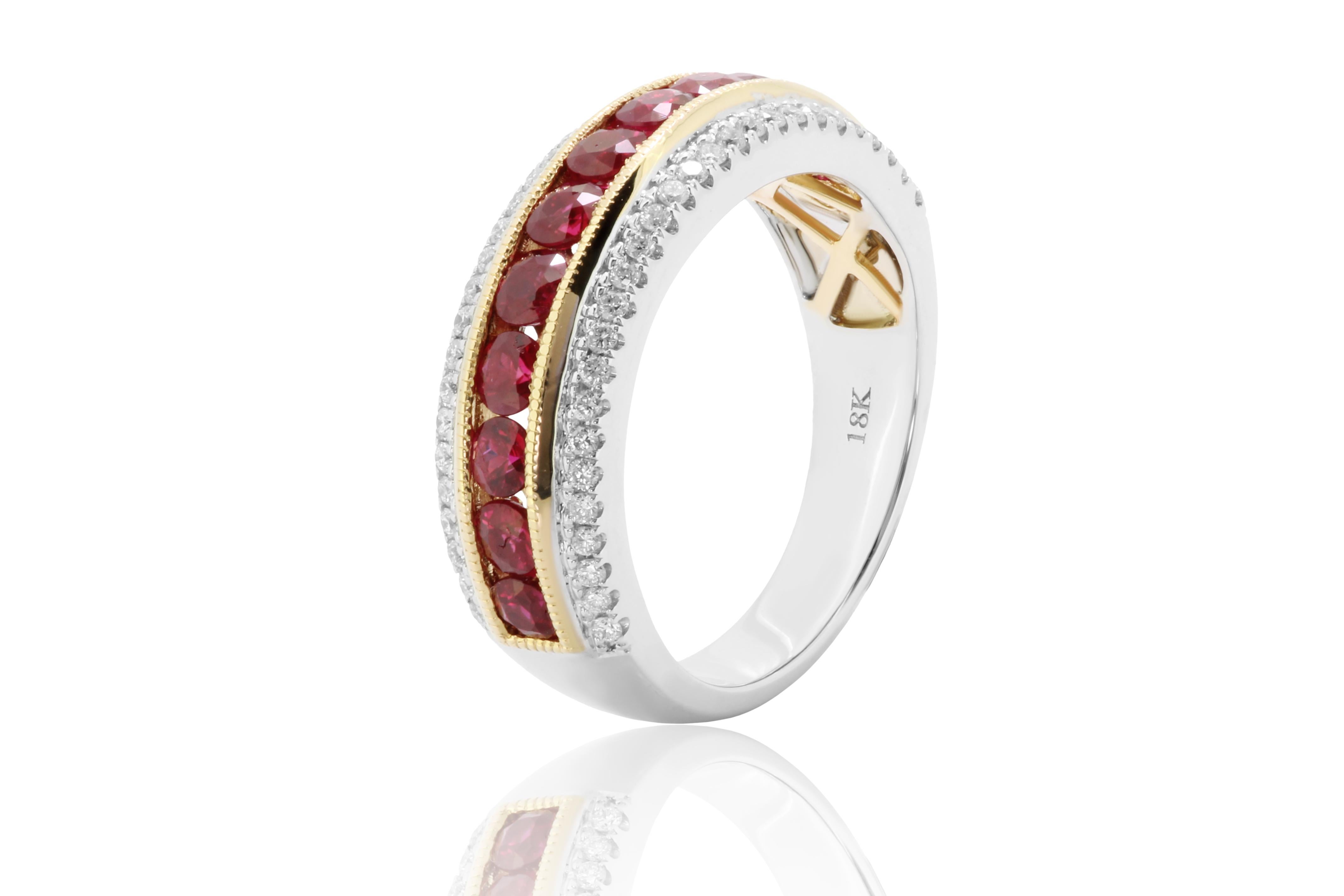 Modern Ruby Round Channel Set Diamond Round Two Color Gold Fashion Cocktail Band Ring