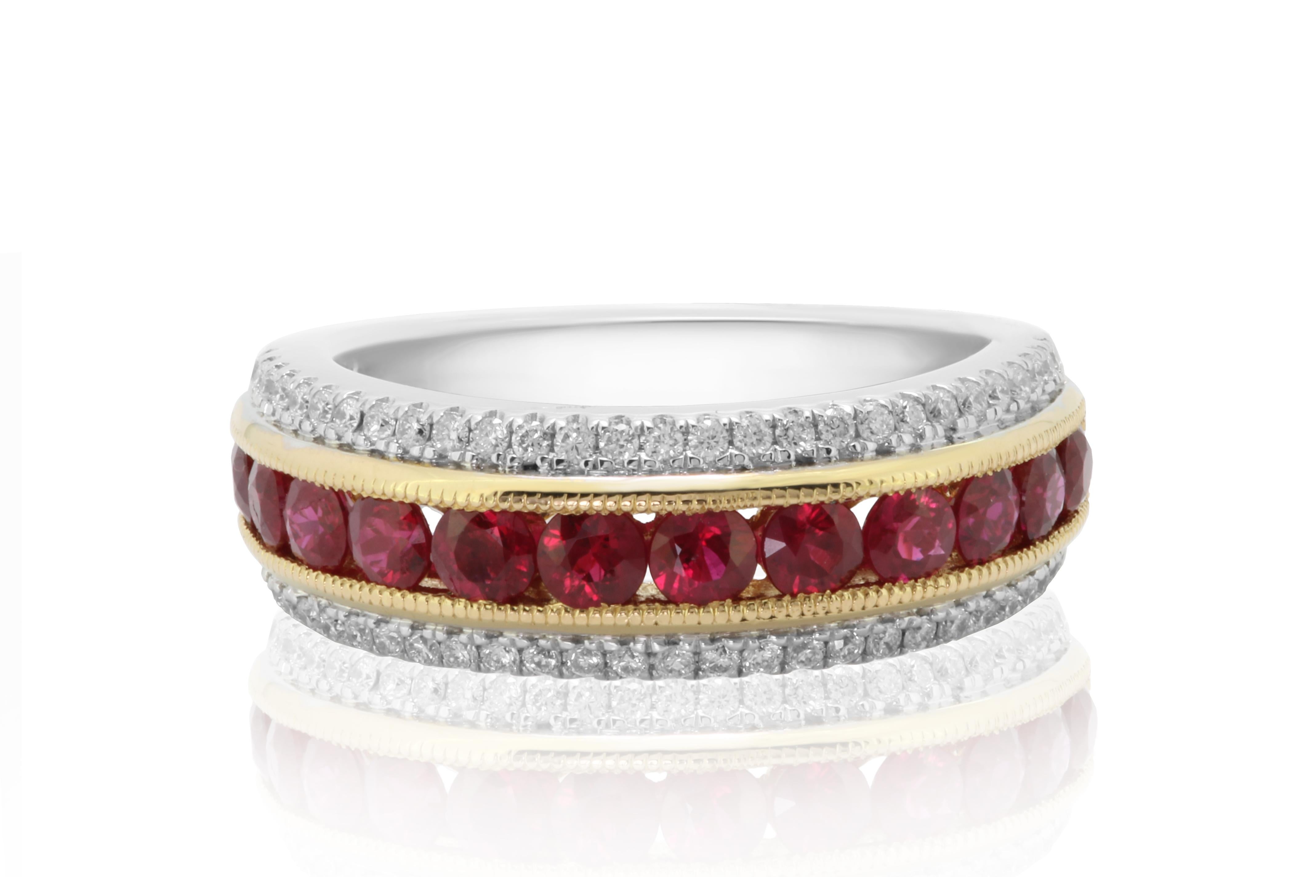 Round Cut Ruby Round Channel Set Diamond Round Two Color Gold Fashion Cocktail Band Ring