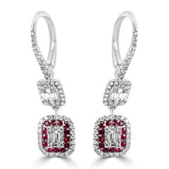 Ruby Round & Diamond Baguette 18 Karat White Gold Fashion Dangle Drop Earrings