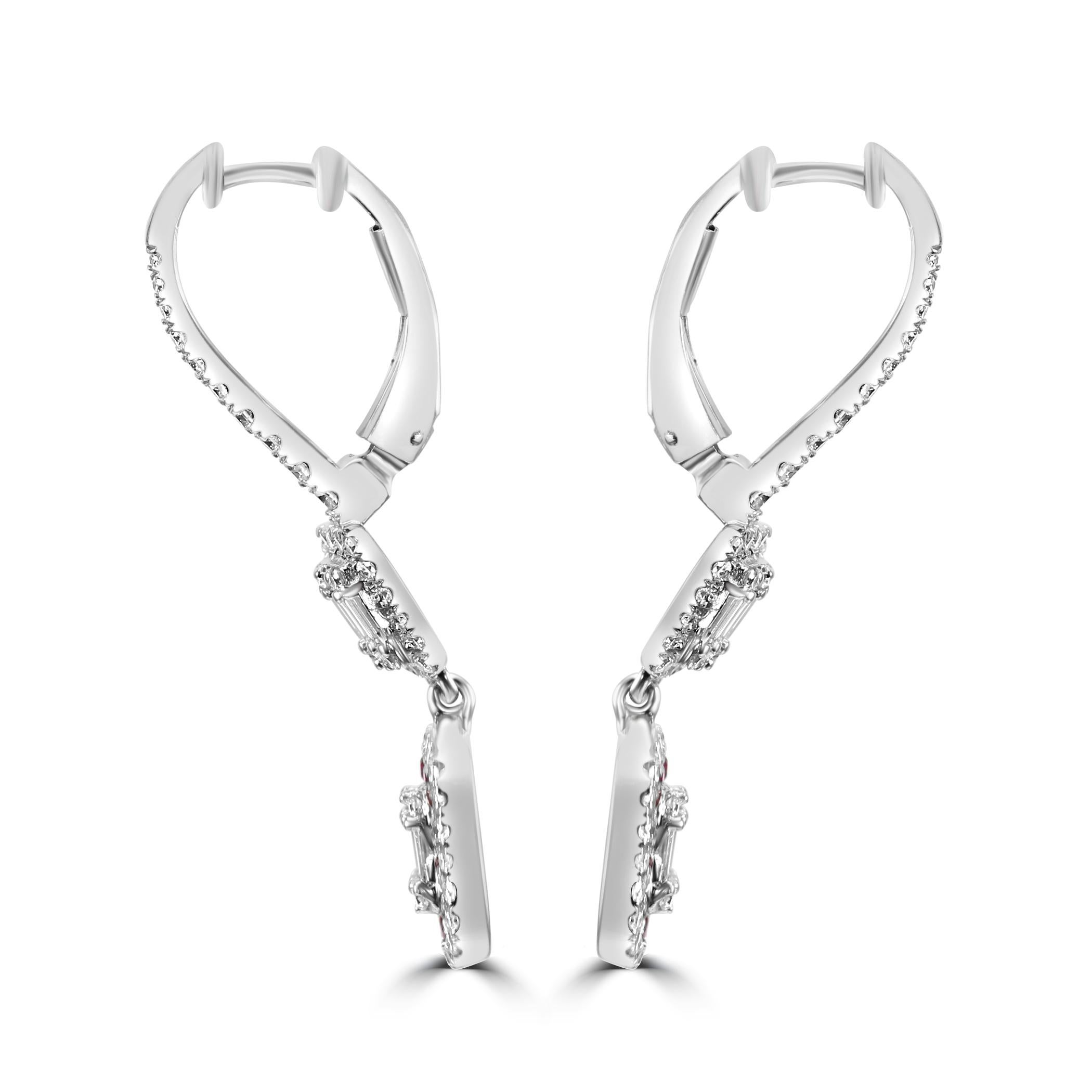 Modern Ruby Round & Diamond Baguette 18 Karat White Gold Fashion Dangle Drop Earrings For Sale