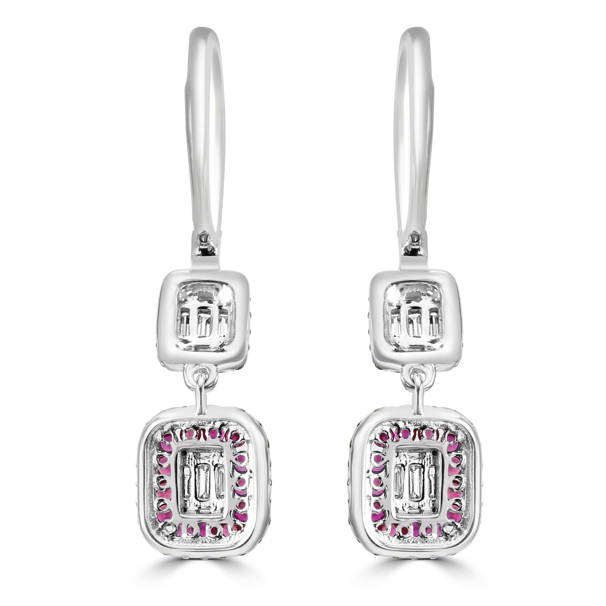 Baguette Cut Ruby Round & Diamond Baguette 18 Karat White Gold Fashion Dangle Drop Earrings For Sale