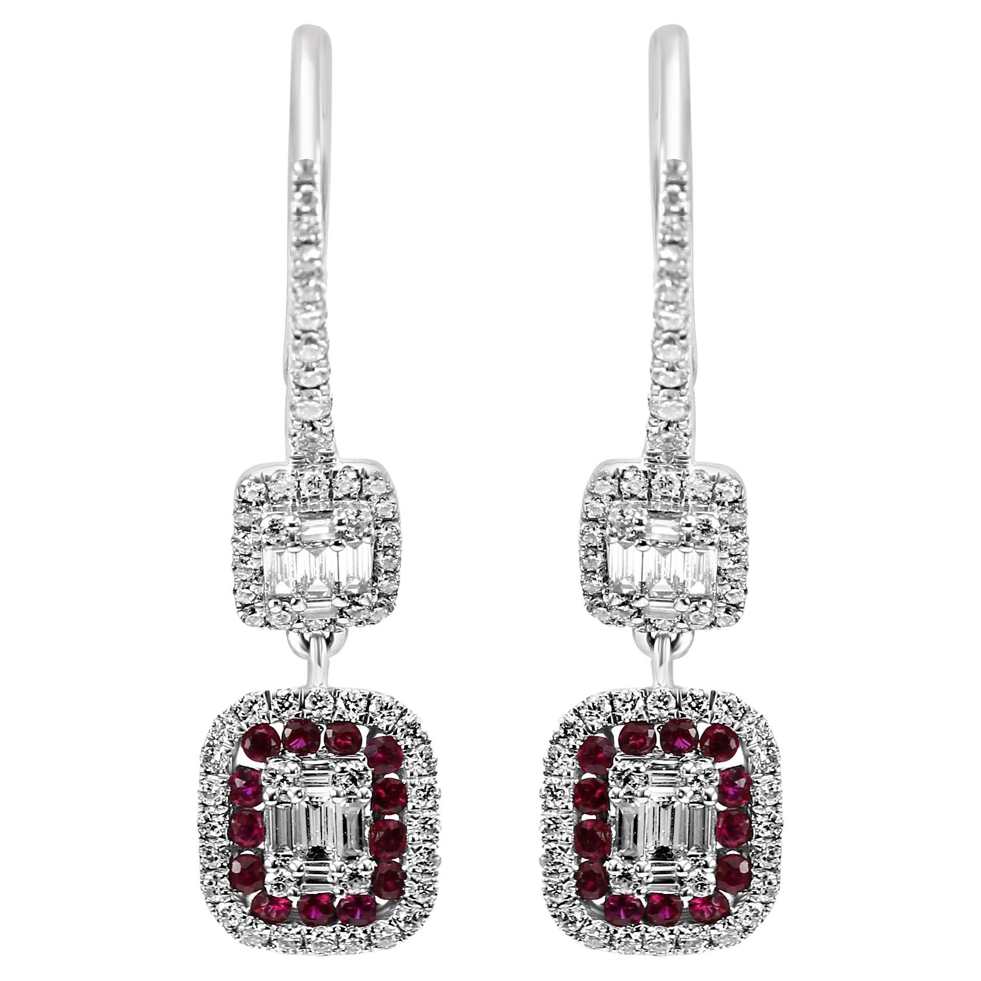 Ruby Round & Diamond Baguette 18 Karat White Gold Fashion Dangle Drop Earrings