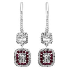Ruby Round & Diamond Baguette 18 Karat White Gold Fashion Dangle Drop Earrings