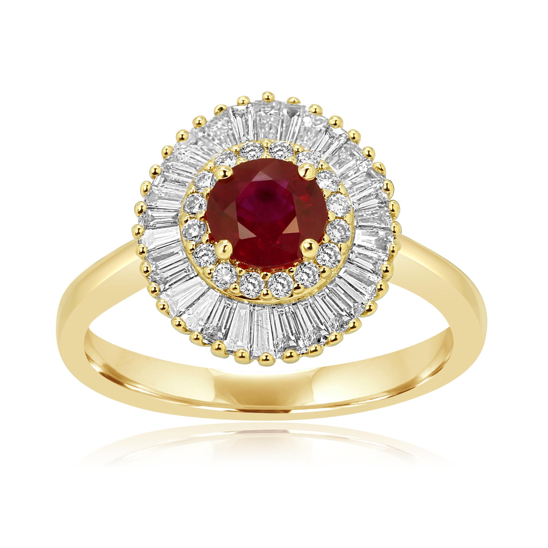 Ruby round 0.64 Carat Encircled in Double Halo of Colorless Round Brilliant VS SI clarity 0.11 Carat and Colorless Diamond Baguettes VS clarity 0.45 Carat in 14K Yellow Gold Bridal Cocktail Ballerina Ring.

Style available in different price ranges.