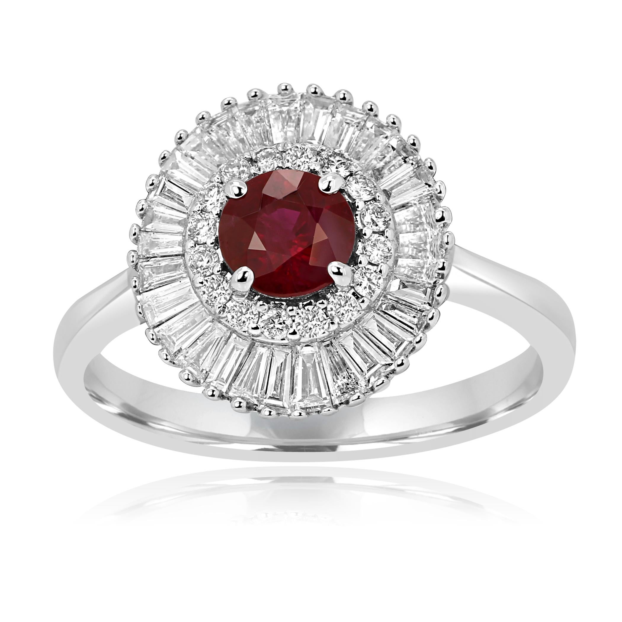 Ruby round 0.70 Carat Encircled in Double Halo of Colorless Round Brilliant VS SI clarity 0.11 Carat and Colorless Diamond Baguettes VS clarity 0.45 Carat in 14K Yellow Gold Bridal Cocktail Ballerina Ring.

Style available in different price ranges.