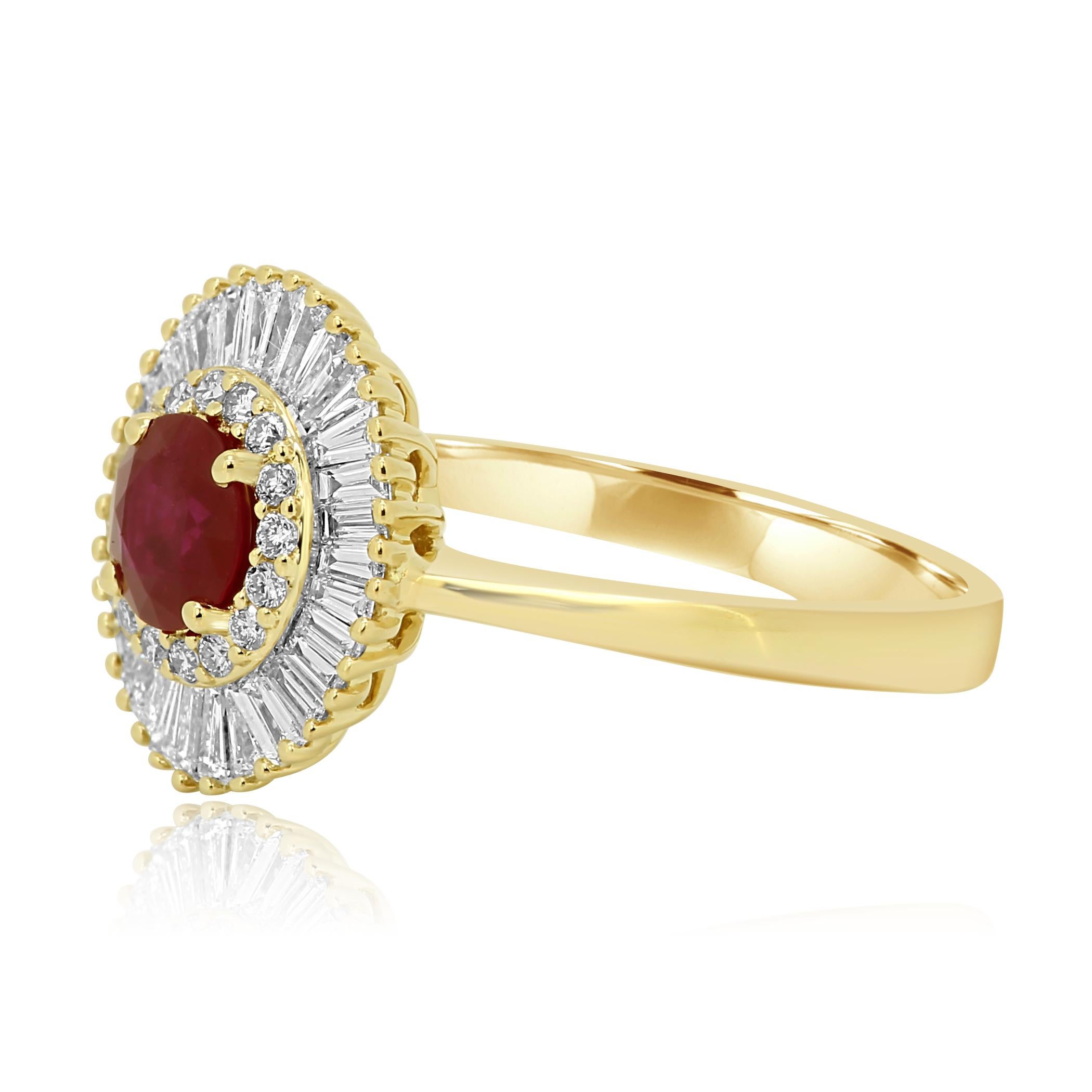 Round Cut Ruby Round Diamond Double Halo Gold Art Deco Style Ballerina Cocktail Ring